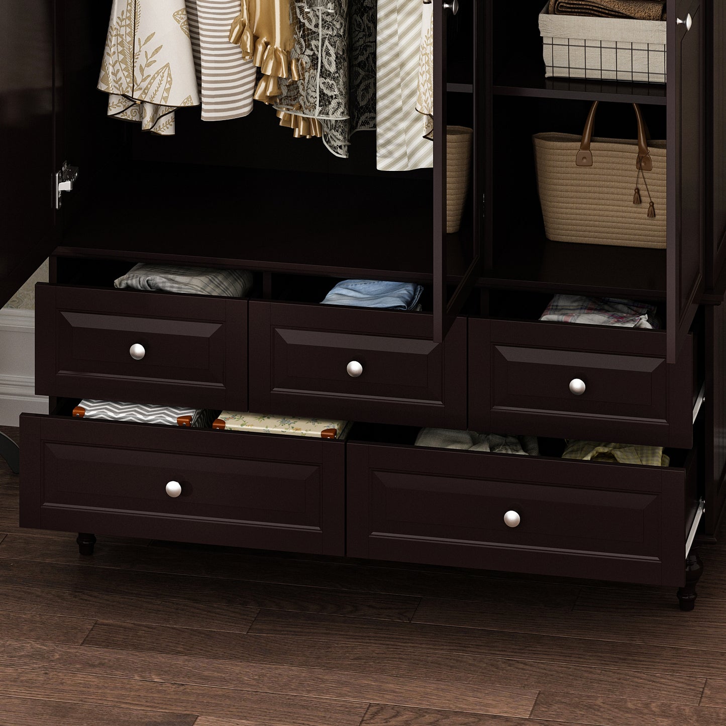 WIAWG 3-Door Wardrobe Armoire Closet with 5 Drawers and Hanging Rod plus Mirror, Brown