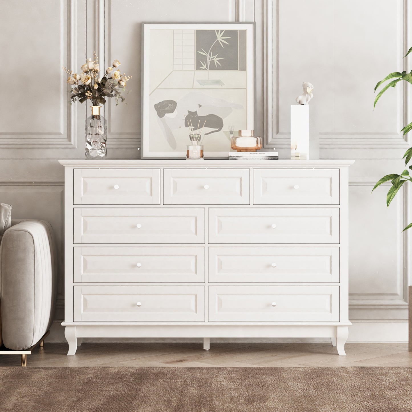 WIawg 9 Drawer Dresser with Carved Drawer Fronts & Solid Legs, 55.1" L White Modern Wood Storage Chest of Drawers for Bedroom, Living Room & Fitting Room