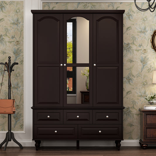 WIAWG 3-Door Wardrobe Armoire Closet with 5 Drawers and Hanging Rod plus Mirror, Brown
