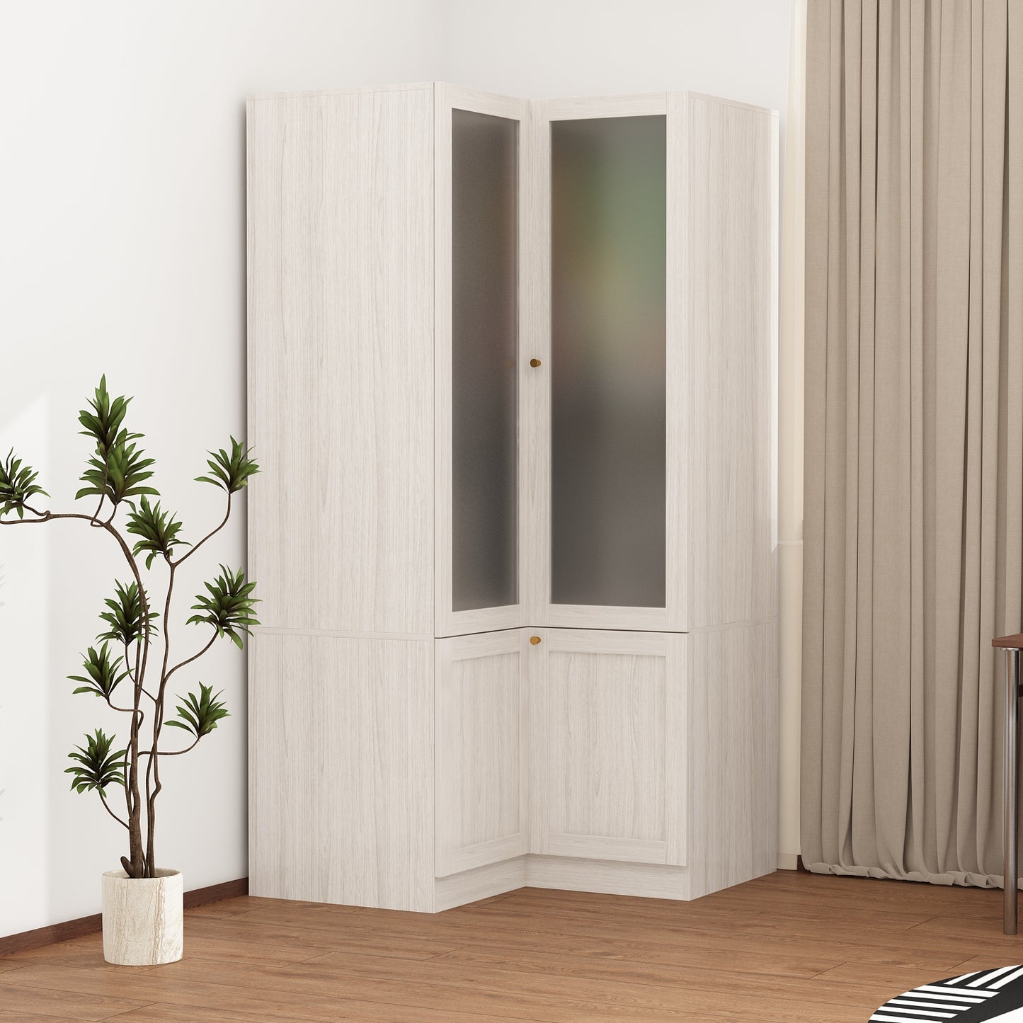 Wiawg L-Shape Wardrobe Armoire Closet with Hanging Rod & Shelf, Bedroom Armoire with Frosted Glass Doors,36”D x 36”W x 70.9”