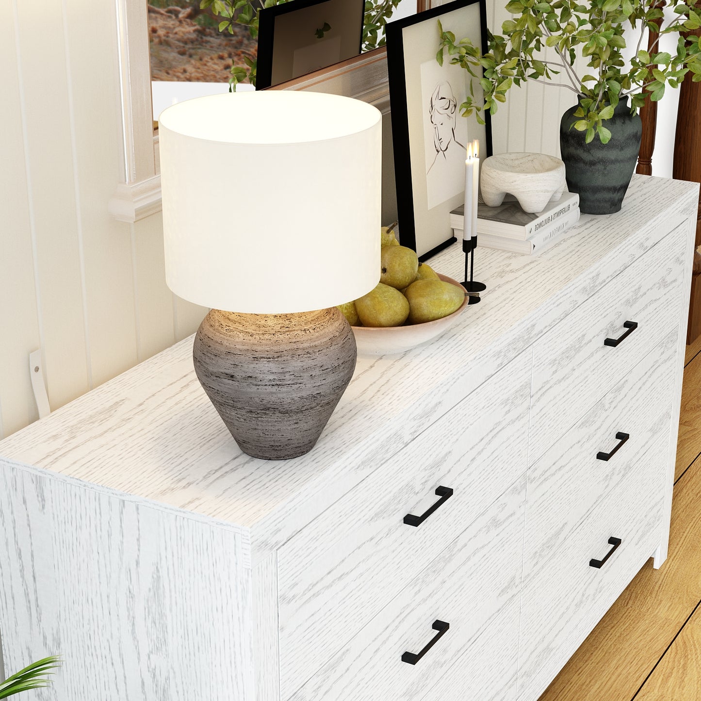 WIAWG 63" Dresser for Bedroom,6 Drawer Dresser, Chest of Drawers, Rustic Drawer Cabinet for Living Room Hallway Office, White Wood Grain