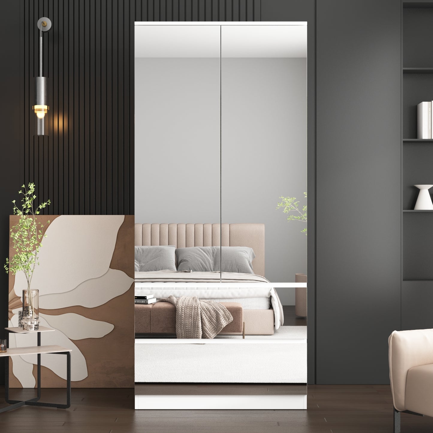 Wardrobe with Mirror Doors, White Bedroom Armoire with 2 Drawers, Hanging Rod, Mirrored Closet Modern Clothes Storage Cabinet for Guest Room Cloakroom, 31.5”W x 19.7”D x 70.9”H