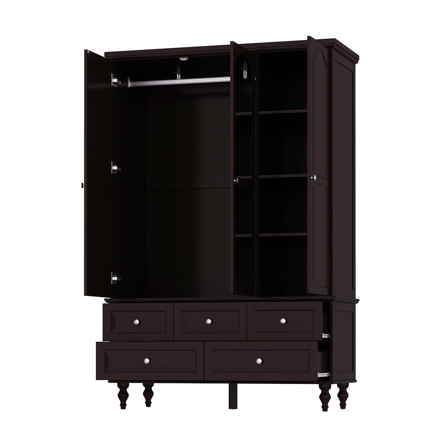 WIAWG 3-Door Wardrobe Armoire Closet with 5 Drawers and Hanging Rod plus Mirror, Brown