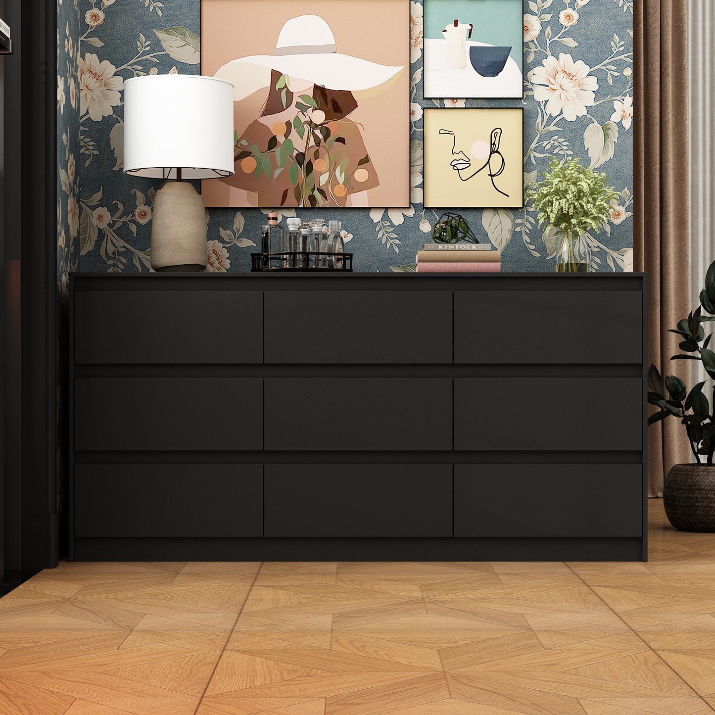 WIAWG 9 Drawer Dressers, Modern Large Dresser for Bedroom,Wooden Long Dresser Storage Chest of Drawers for Living Room Office,Black 63" W