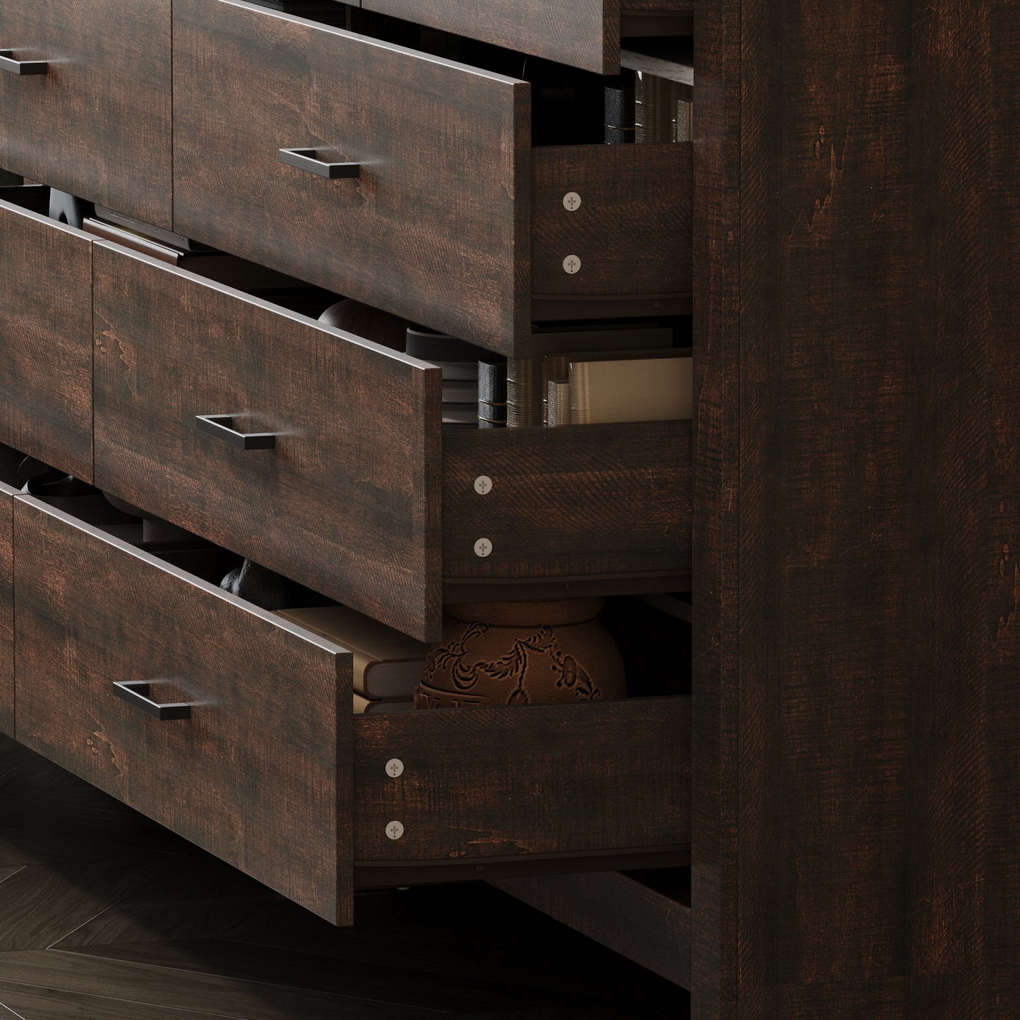 WIAWG 9 Drawer Dresser for Bedroom, 63” Wide Chest of Drawers, Rustic Drawer Cabinet for Living Room Hallway Office,Brown