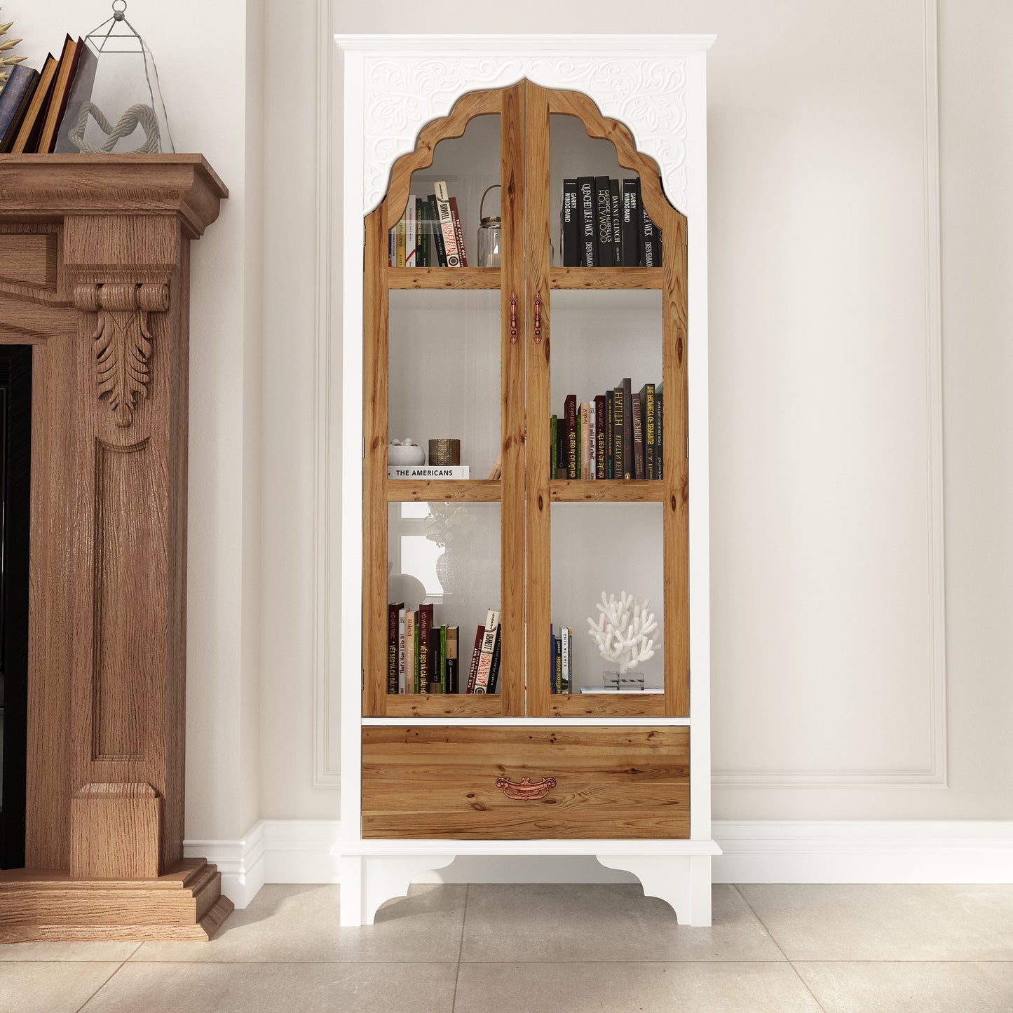 WIAWG Carved Storage Cabinet with 2 Glass Doors & Drawer, Pooja Mandir with 3-Tier Shelves, Decorative Cabinet Display Cabinets for Living Room White and Walnut,70.9”H