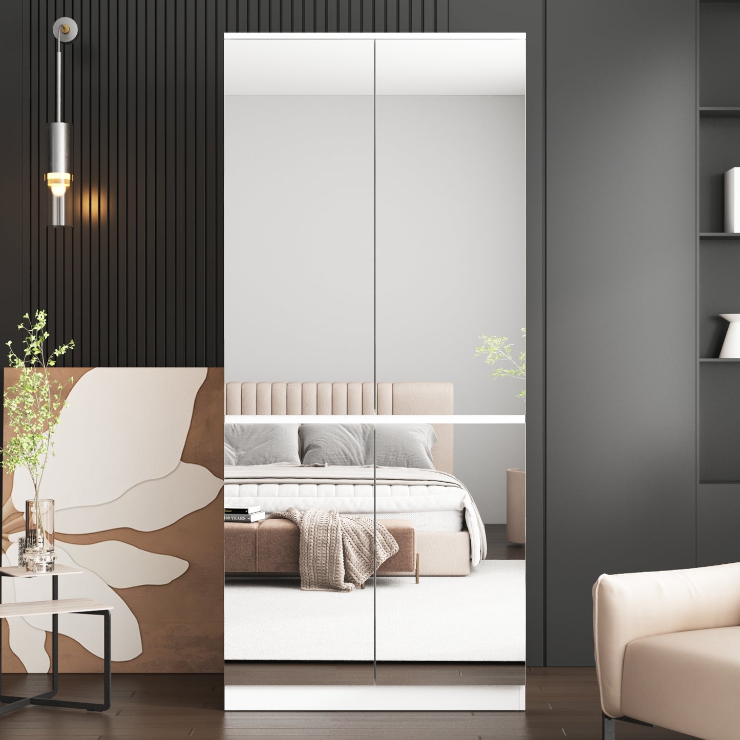 Wiawg Wardrobe Closet with 4-Mirrored Door, Armoire Closet Cabinet with Hanging Rod for Bedroom,White