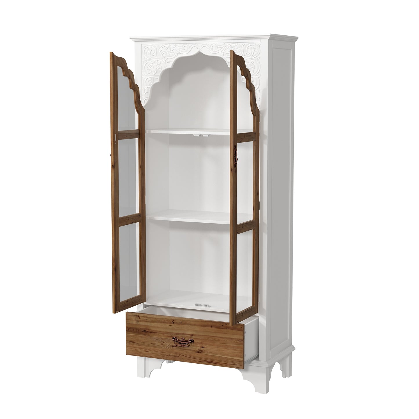 WIAWG Carved Storage Cabinet with 2 Glass Doors & Drawer, Pooja Mandir with 3-Tier Shelves, Decorative Cabinet Display Cabinets for Living Room White and Walnut,70.9”H