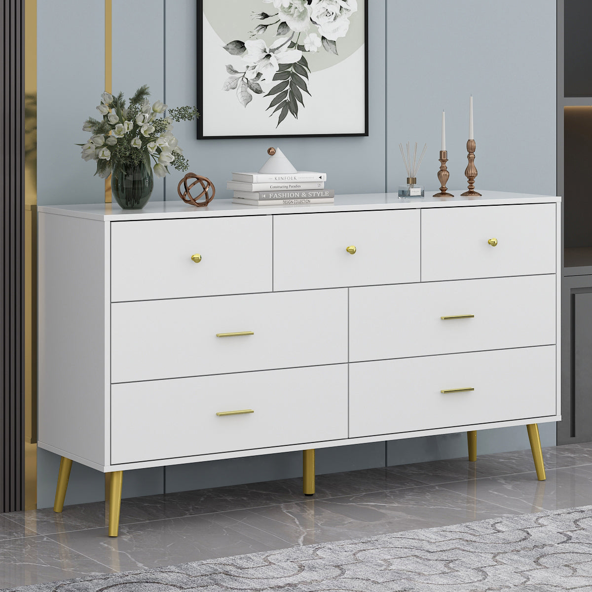 WIAWG 7 Drawer Dresser for Bedroom Living Room Sideboard Cabinet with Drawers White 55.9"