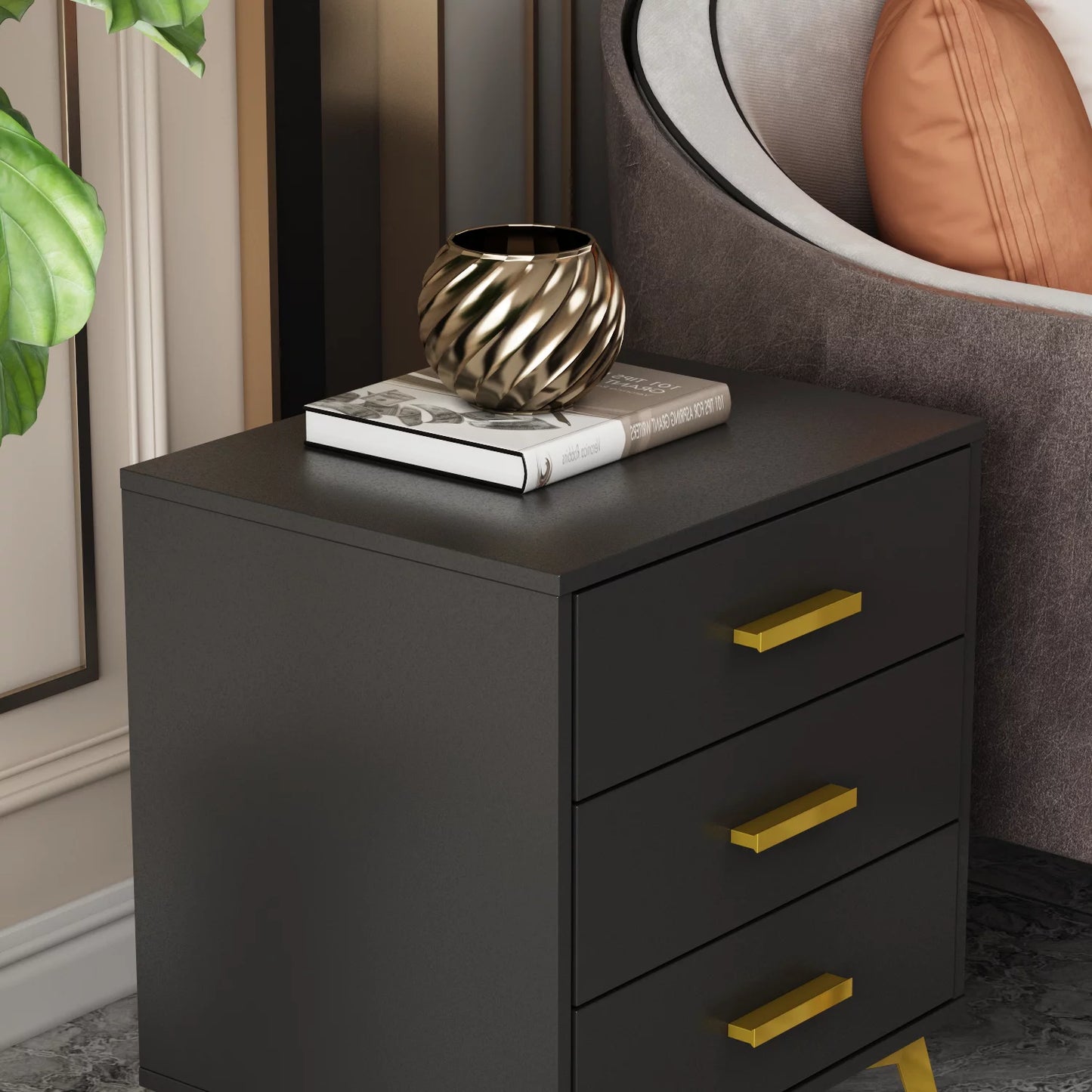 WIAWG Nightstand with 3 Drawers, End Side Table for Bedroom Living Room, Black