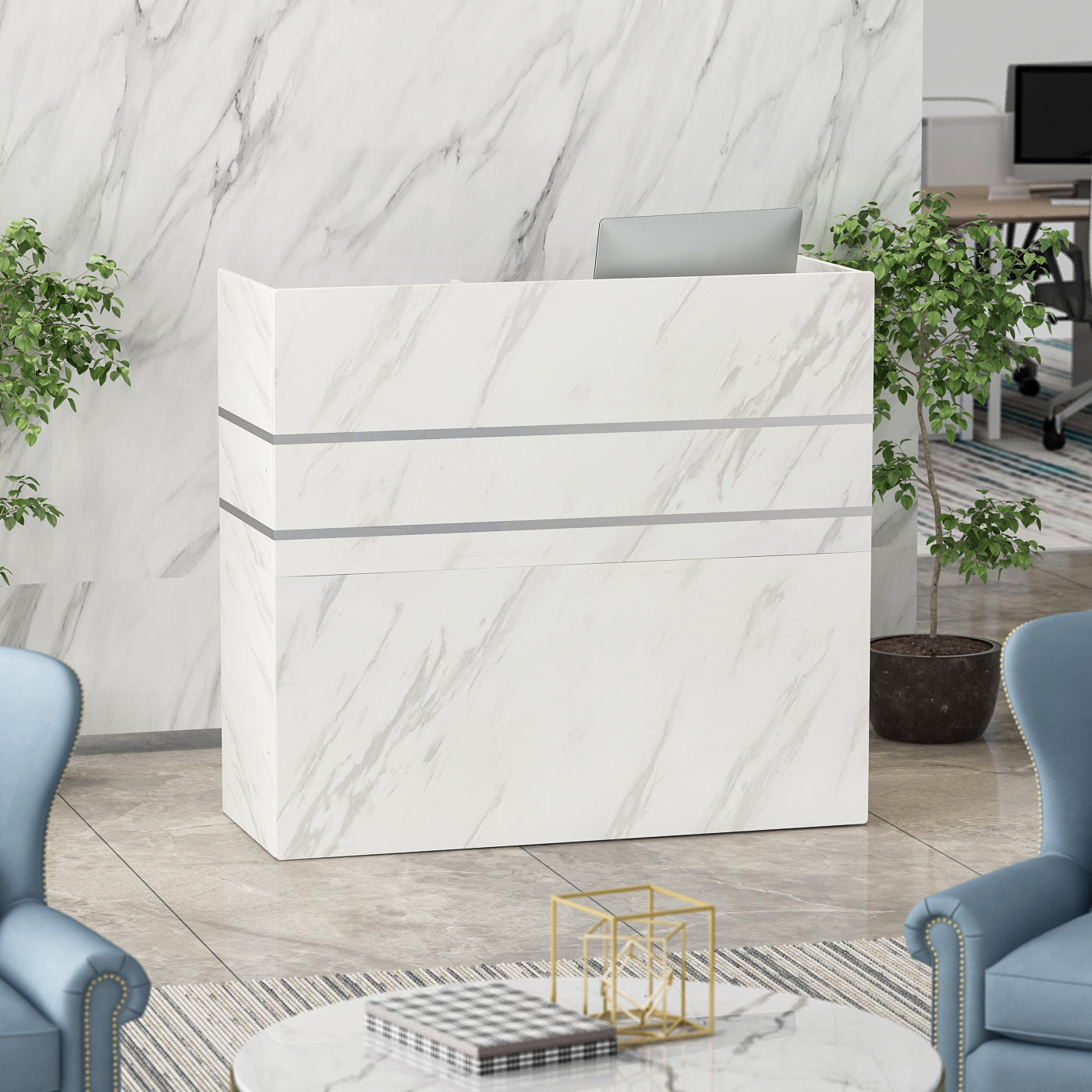 WIAWG Office Reception Desk with Counter, Modern Reception Station with Drawer, Marble