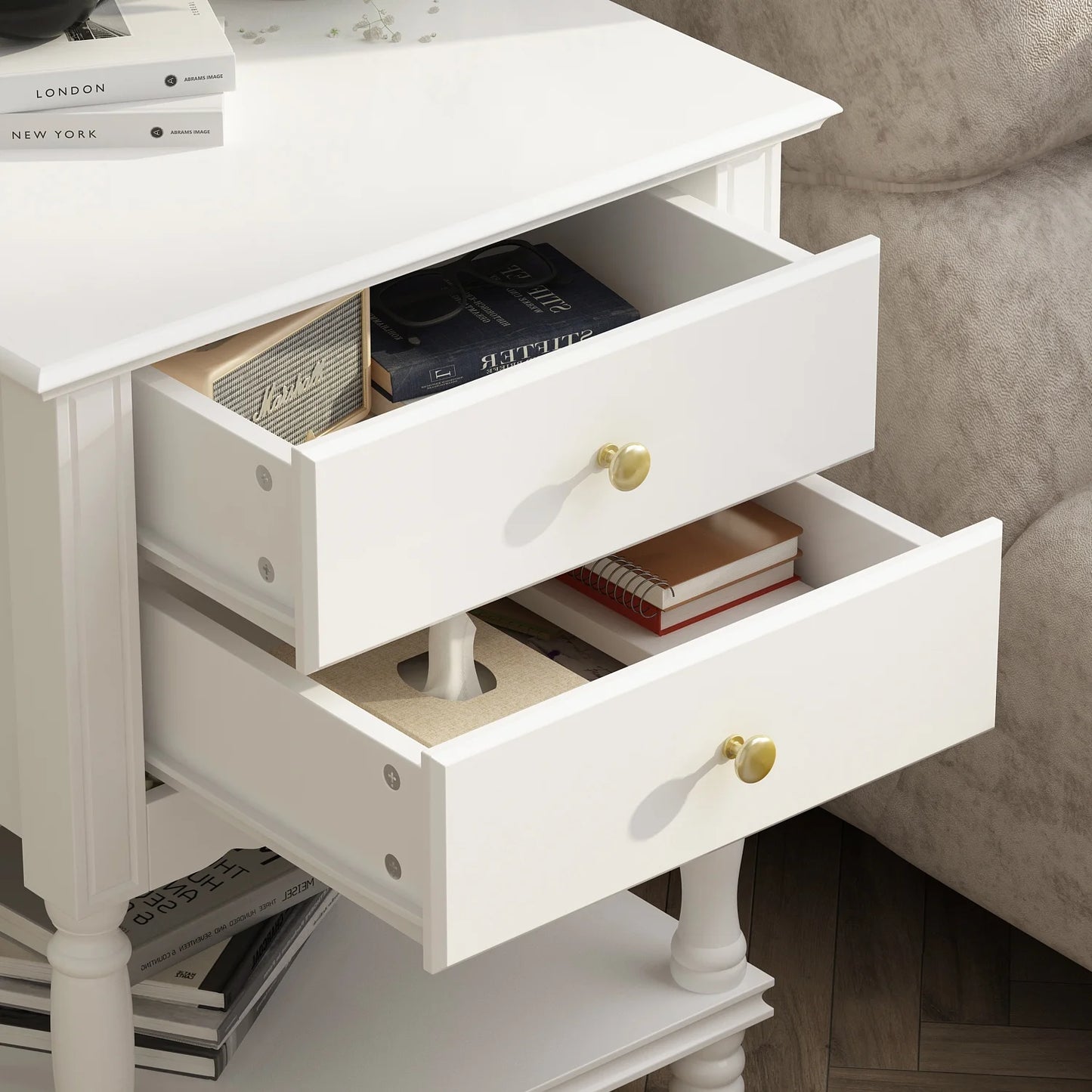 WIAWG Mid Century Nightstand Side Table with 2 Drawers and open shelf for Bedroom Living Room White