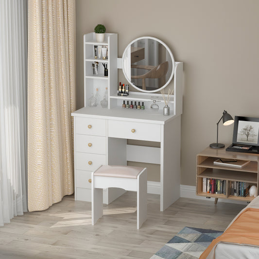 Multifunctional Computer Armoire Hutches, Vanity Set Makeup Dressing Table with Mirror and 5 Drawers for Bedroom, White