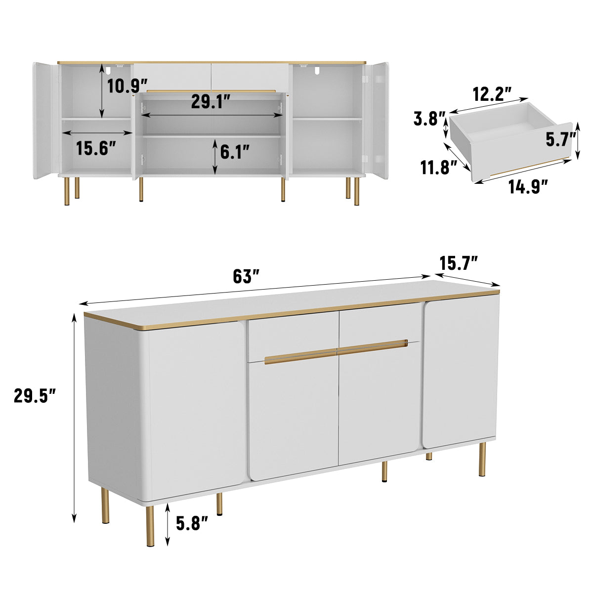 WIAWG 4 Doors Two Drawer Modern Dresser ,Sturdy Dresser with Drawers for Closet,Living Room,Entryway,White