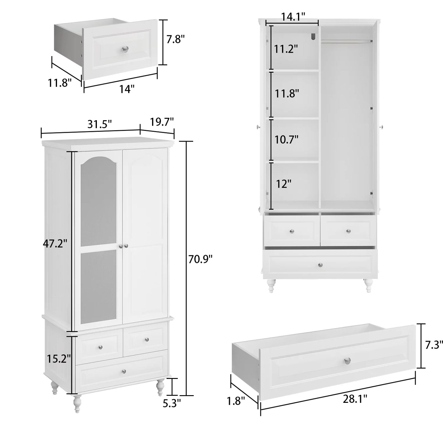 WIAWG 2-Door Wardrobe Armoire Closet with 3 Drawers and Hanging Rod plus Mirror, White