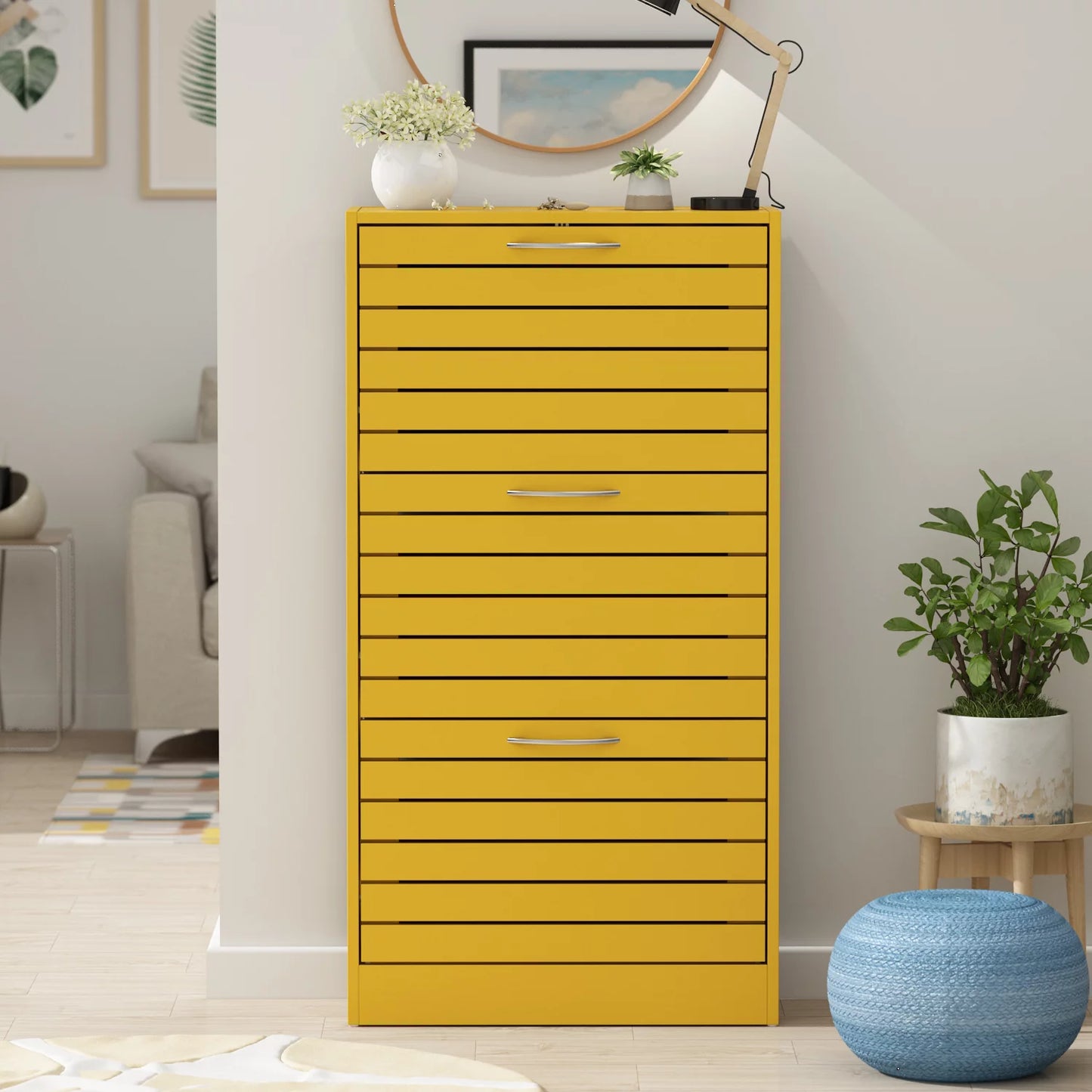 WIAWG Shoe Cabinet with 3 Tilt-Out Shutter Doors, Shoe Rcak Storage Cupboard for Enterway Hallway, Yellow