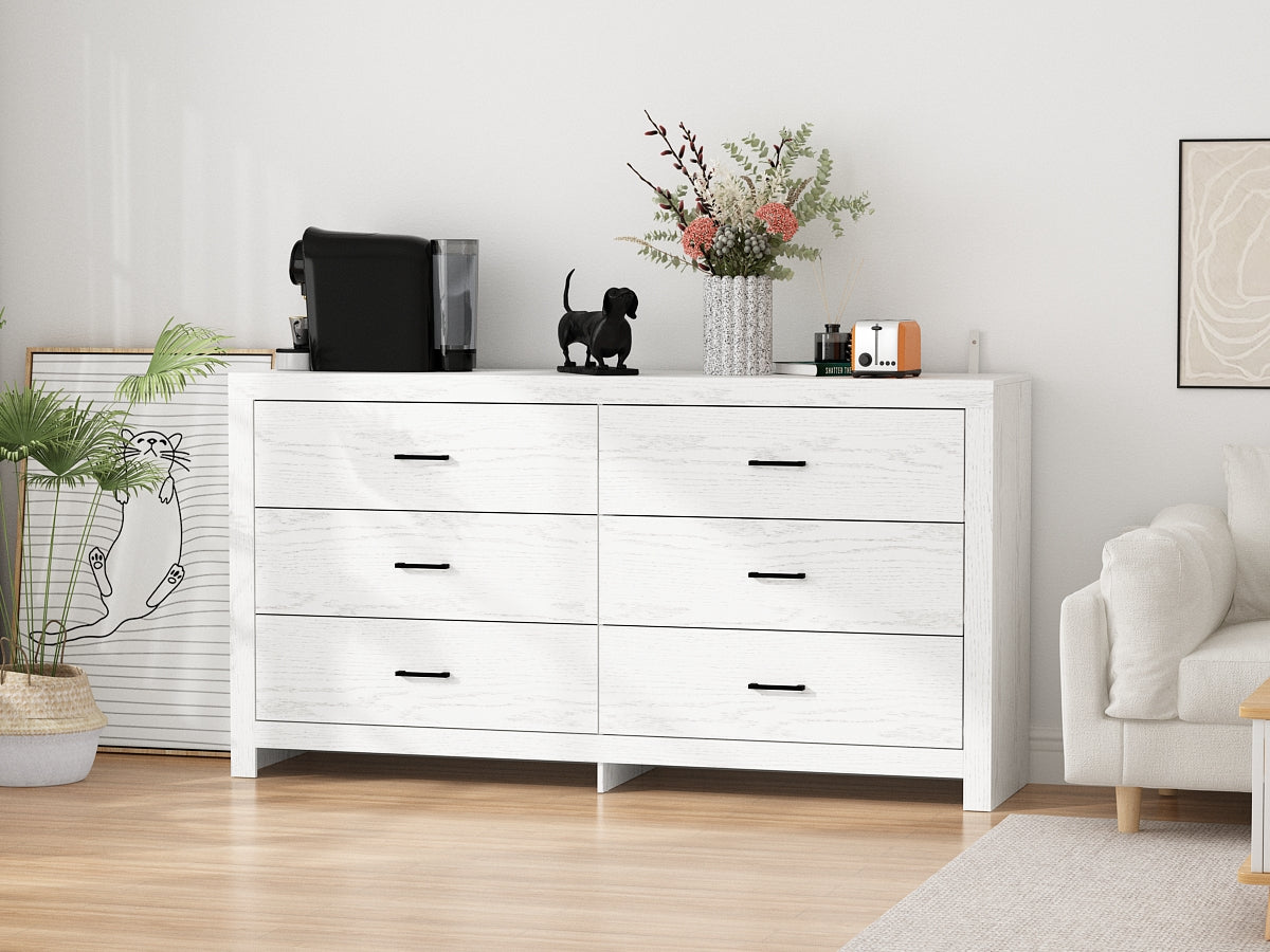 WIAWG 63" Dresser for Bedroom,6 Drawer Dresser, Chest of Drawers, Rustic Drawer Cabinet for Living Room Hallway Office, White Wood Grain