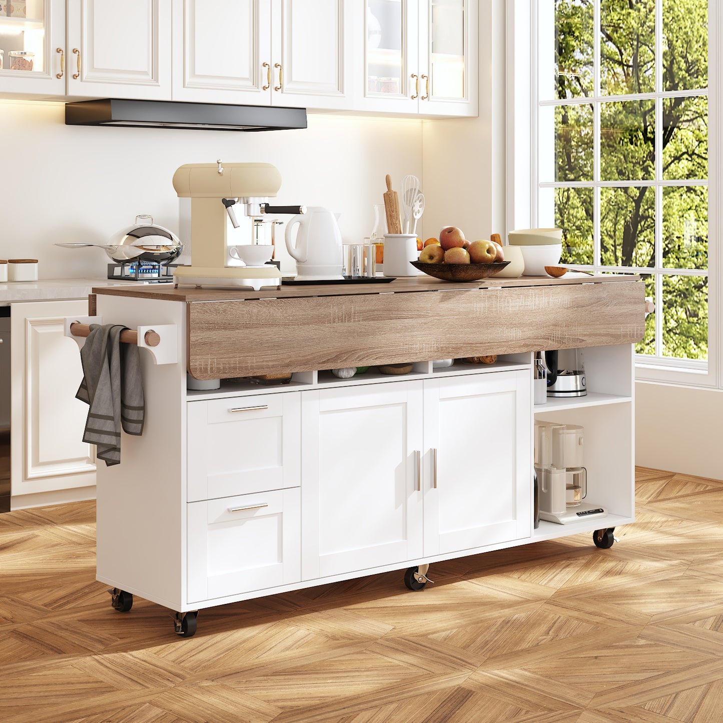WIAWG Large Kitchen Island Table with Drop Leaf and Storage, 71" Kitchen Rolling Carts on Wheels, Portable Movable Farmhouse Island Table with Drawers for Dining Room,White & Light Brown