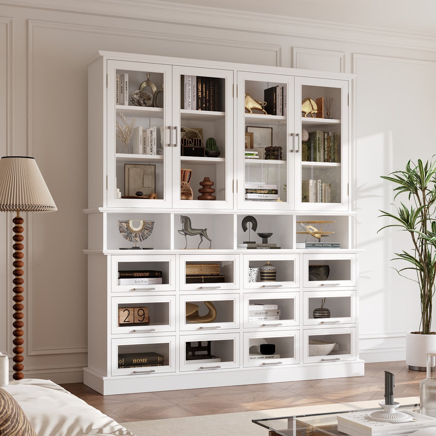 WIAWG 63" W China Cabinets with 12 Drawers, Modern Bookshelves and Bookcases, Glass Display Cabinet with Storage Cubes&Shelves for Living Room,Home Office,White