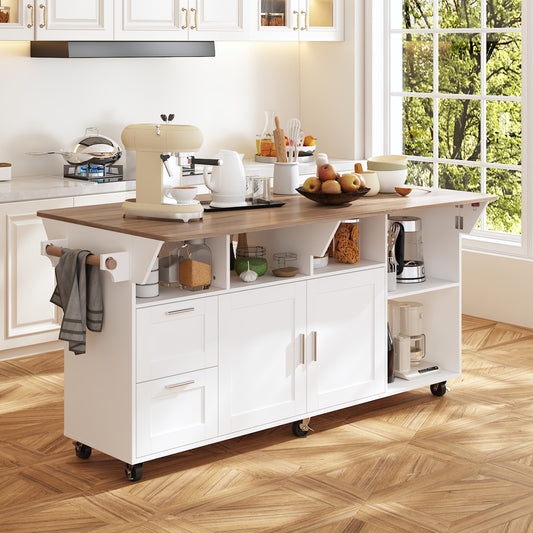 WIAWG Large Kitchen Island Table with Drop Leaf and Storage, 71" Kitchen Rolling Carts on Wheels, Portable Movable Farmhouse Island Table with Drawers for Dining Room,White & Light Brown