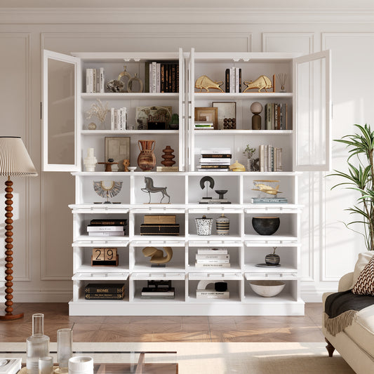 WIAWG 63" W China Cabinets with 12 Drawers, Modern Bookshelves and Bookcases, Glass Display Cabinet with Storage Cubes&Shelves for Living Room,Home Office,White