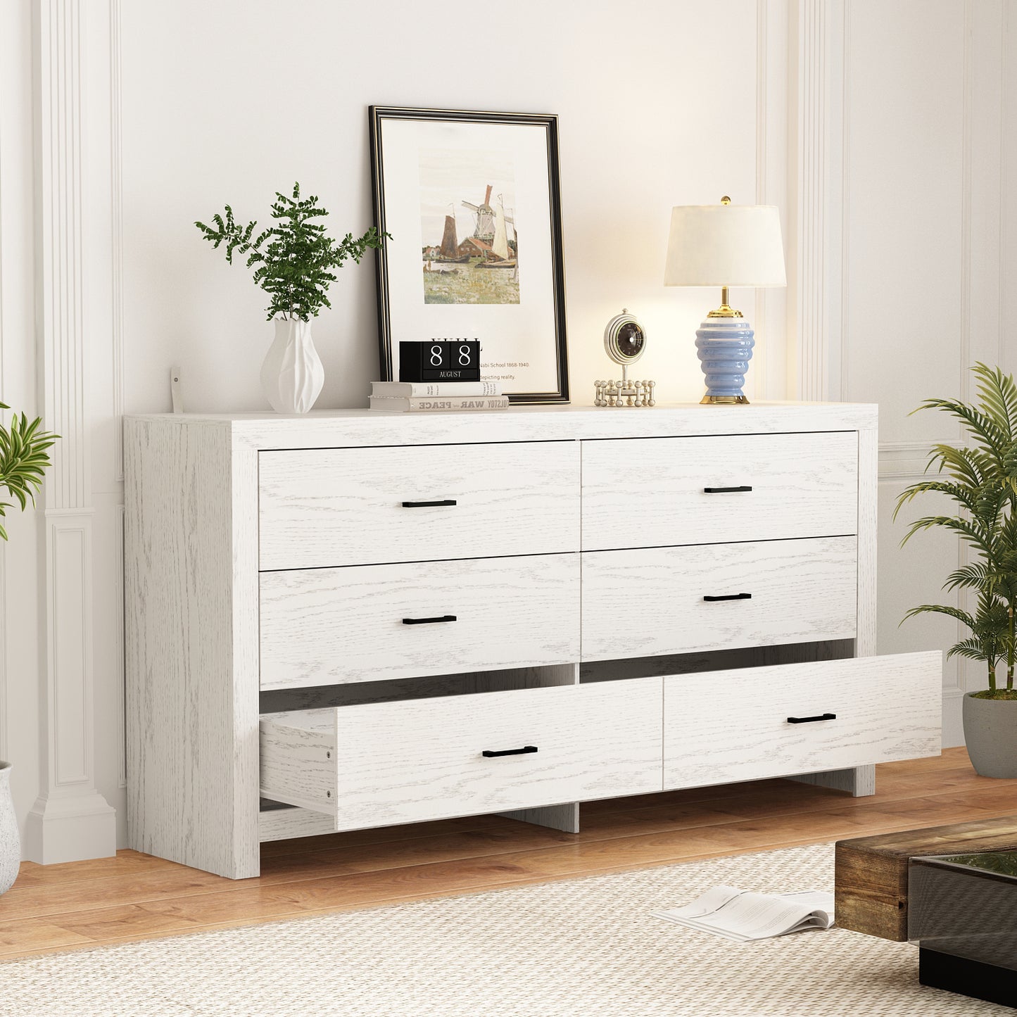 WIAWG 63" Dresser for Bedroom,6 Drawer Dresser, Chest of Drawers, Rustic Drawer Cabinet for Living Room Hallway Office, White Wood Grain