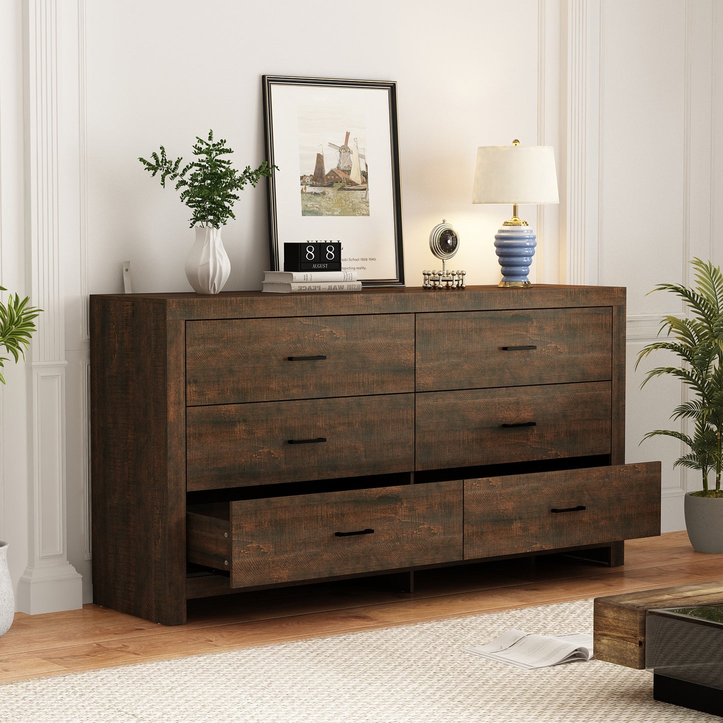 WIAWG 63" Dresser for Bedroom,6 Drawer Dresser, Chest of Drawers, Rustic Drawer Cabinet for Living Room Hallway Office,Brown