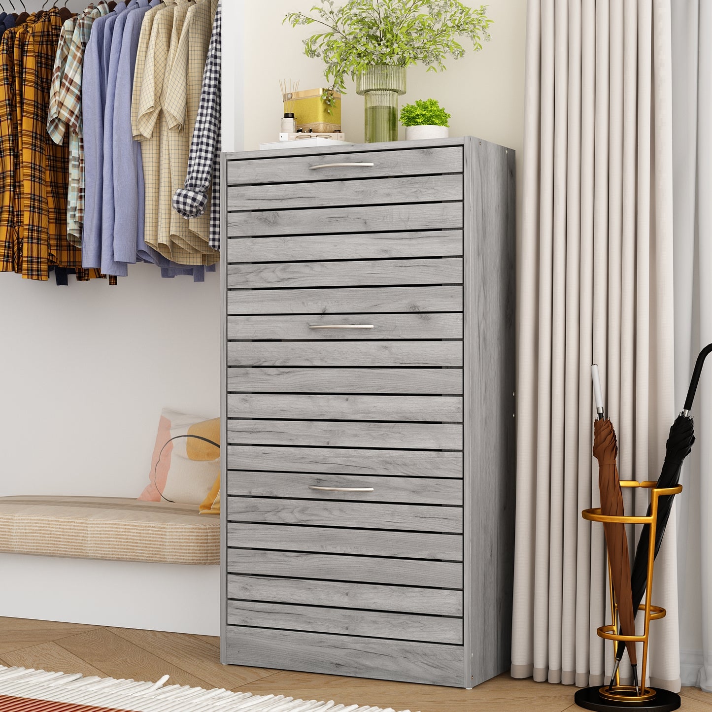 WIAWG Shoe Cabinet Wood Shoe Rack Storage Cupboard with 3 Tilt-out Doors Gray