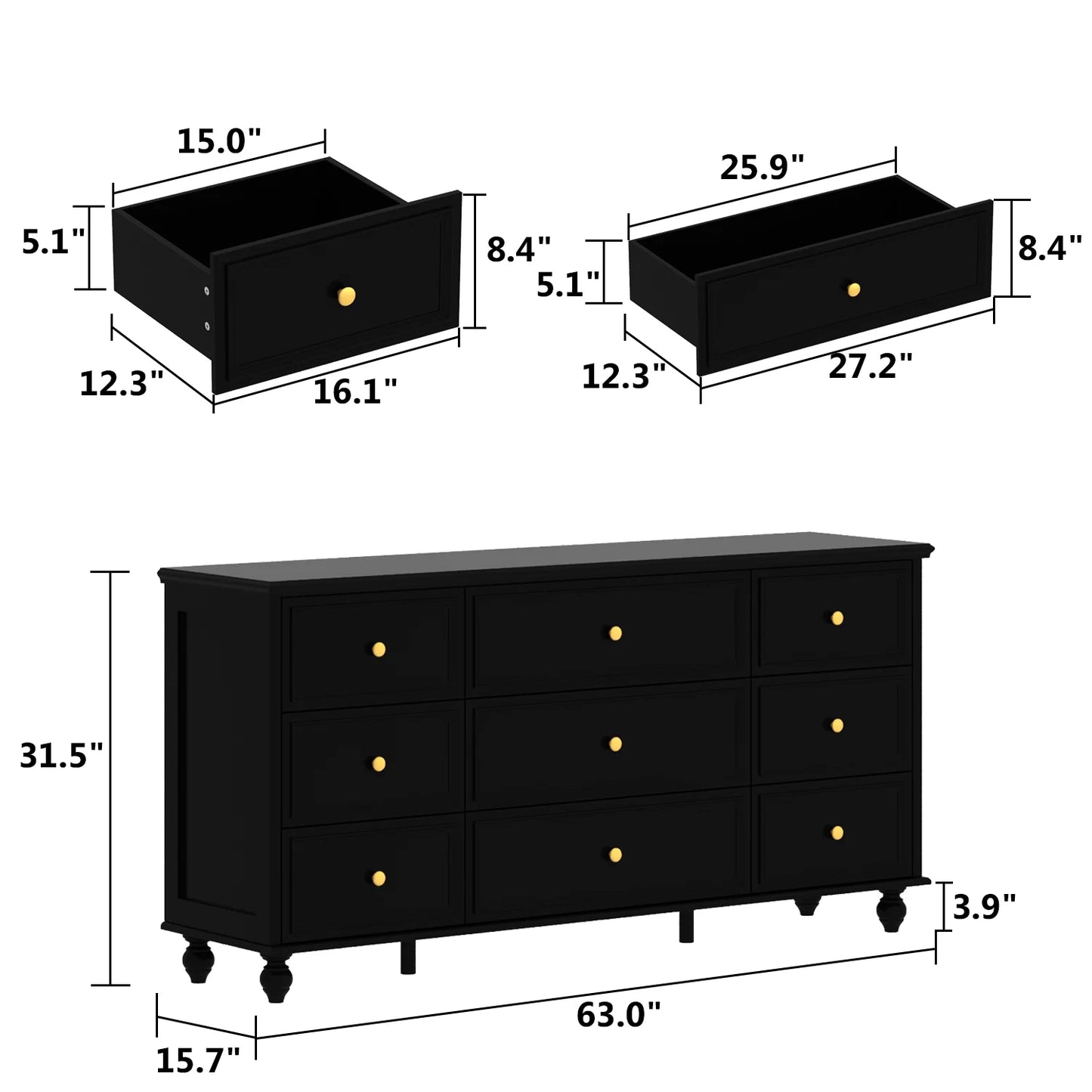 WIAWG 9 Drawer Dresser, 63" Chest of Drawers Wood Dresser Storage Organization for Bedroom Closet,Black