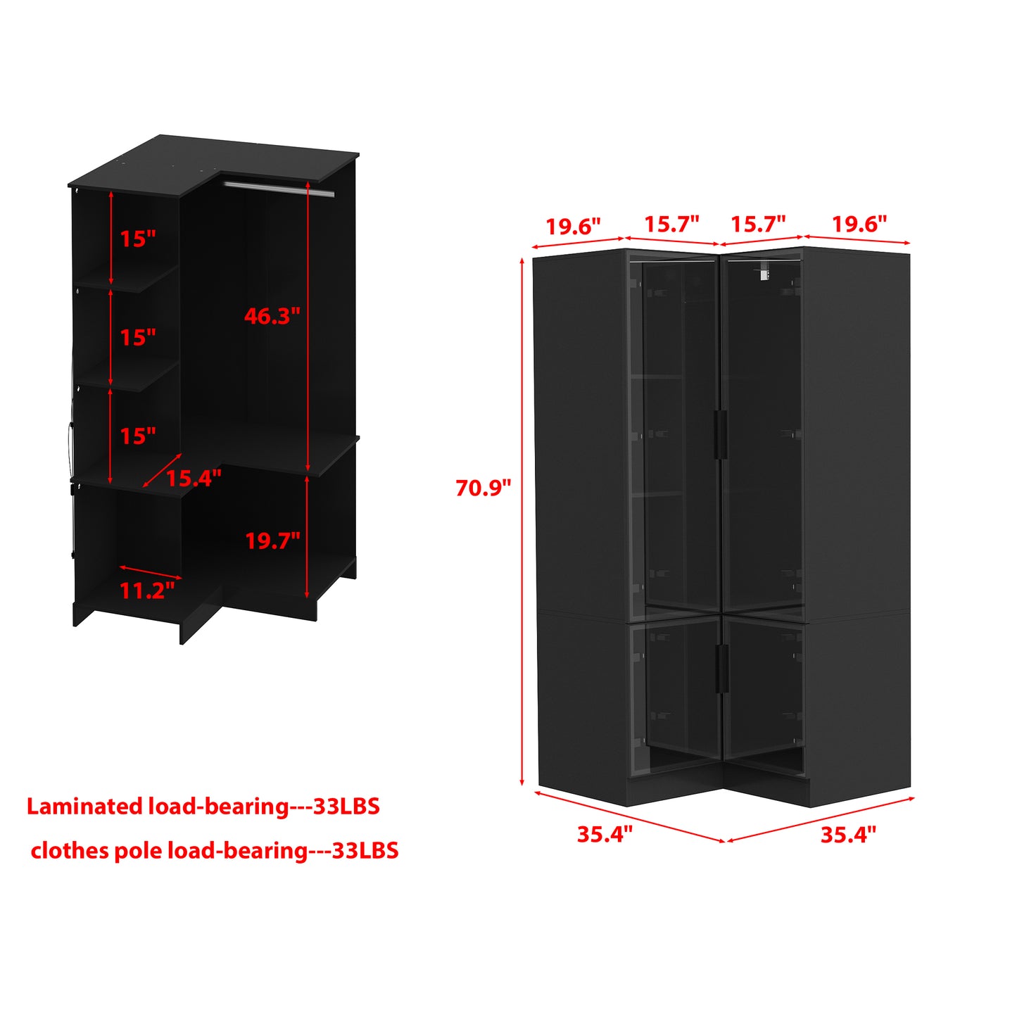 WIAWG Corner Cabinet with 4-Tier Storage, LED Lights, Glass Doors Wardrobe for Bedroom, Black