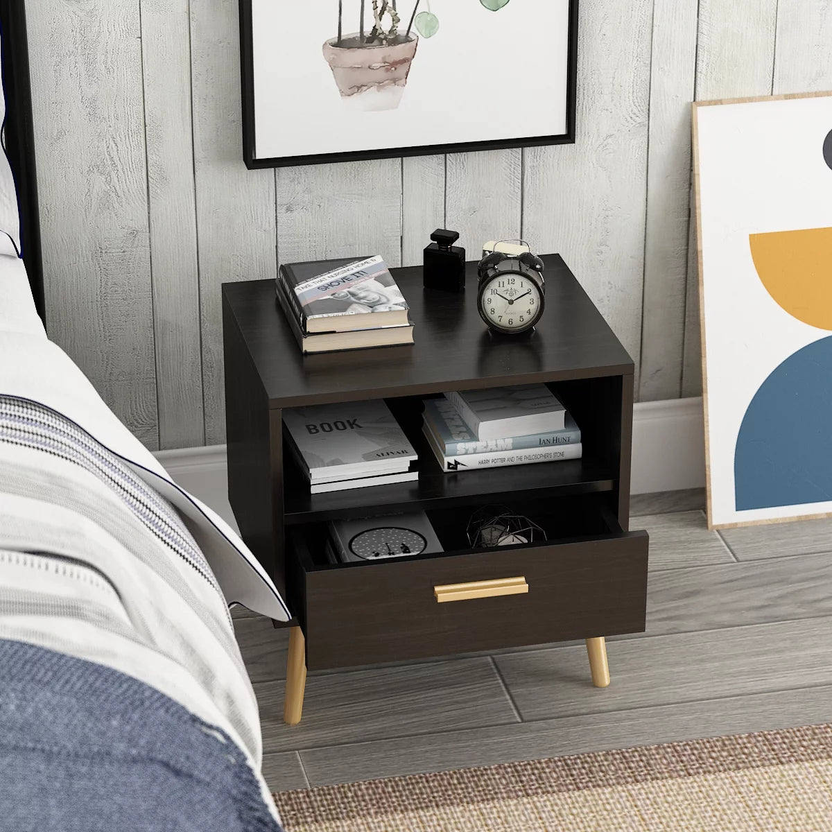 Black Small Side Tables for Bedroom Modern Mid Century Nightstand with Drawer