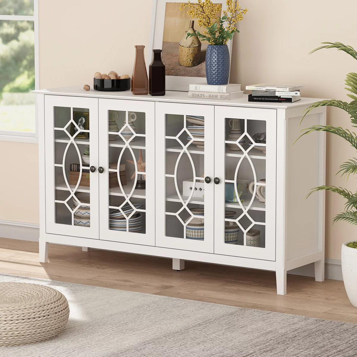 WIAWG White TV Stand Cabinet with Glass Door Sideboard 53.9"