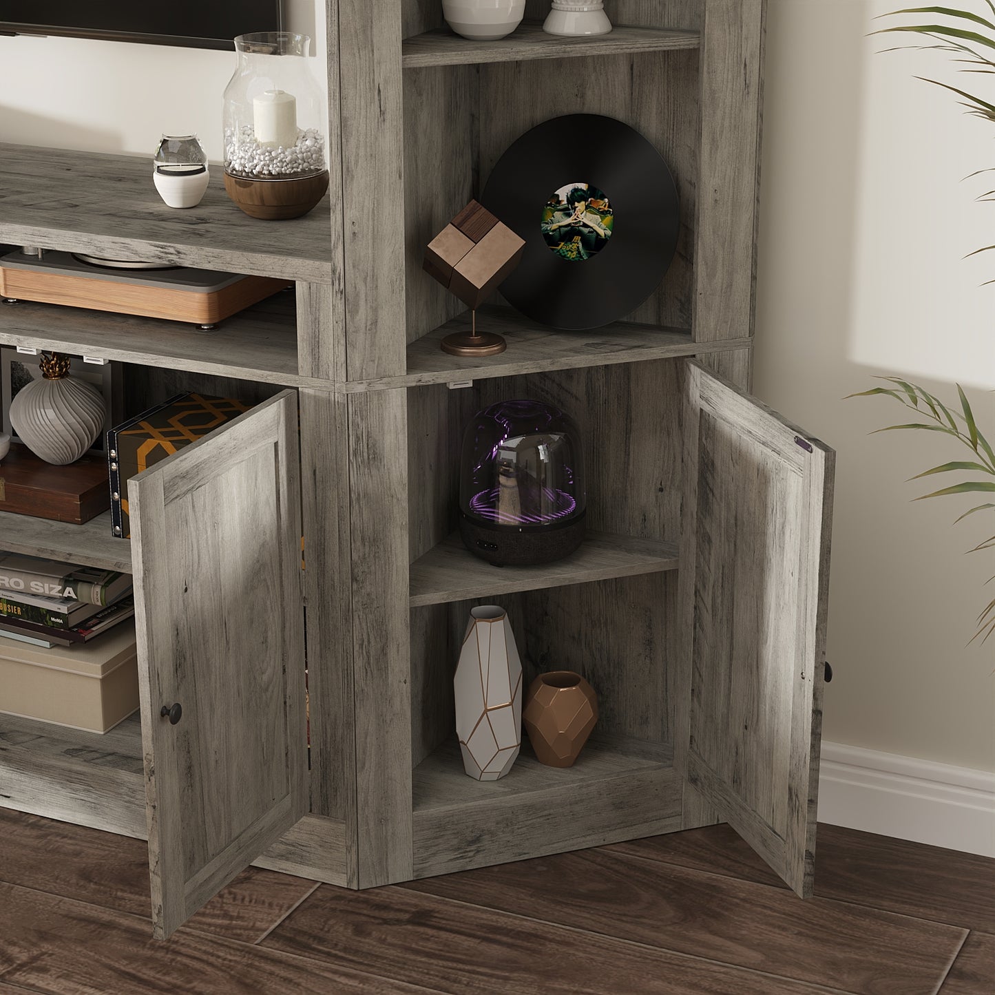 WIAWG Large All-in-One TV Stands for Living Room, 78.1" Tall TV Stands with Storage, Modern Wall Entertainment Center with Storage Bookshelves for Living Room, Light Gary