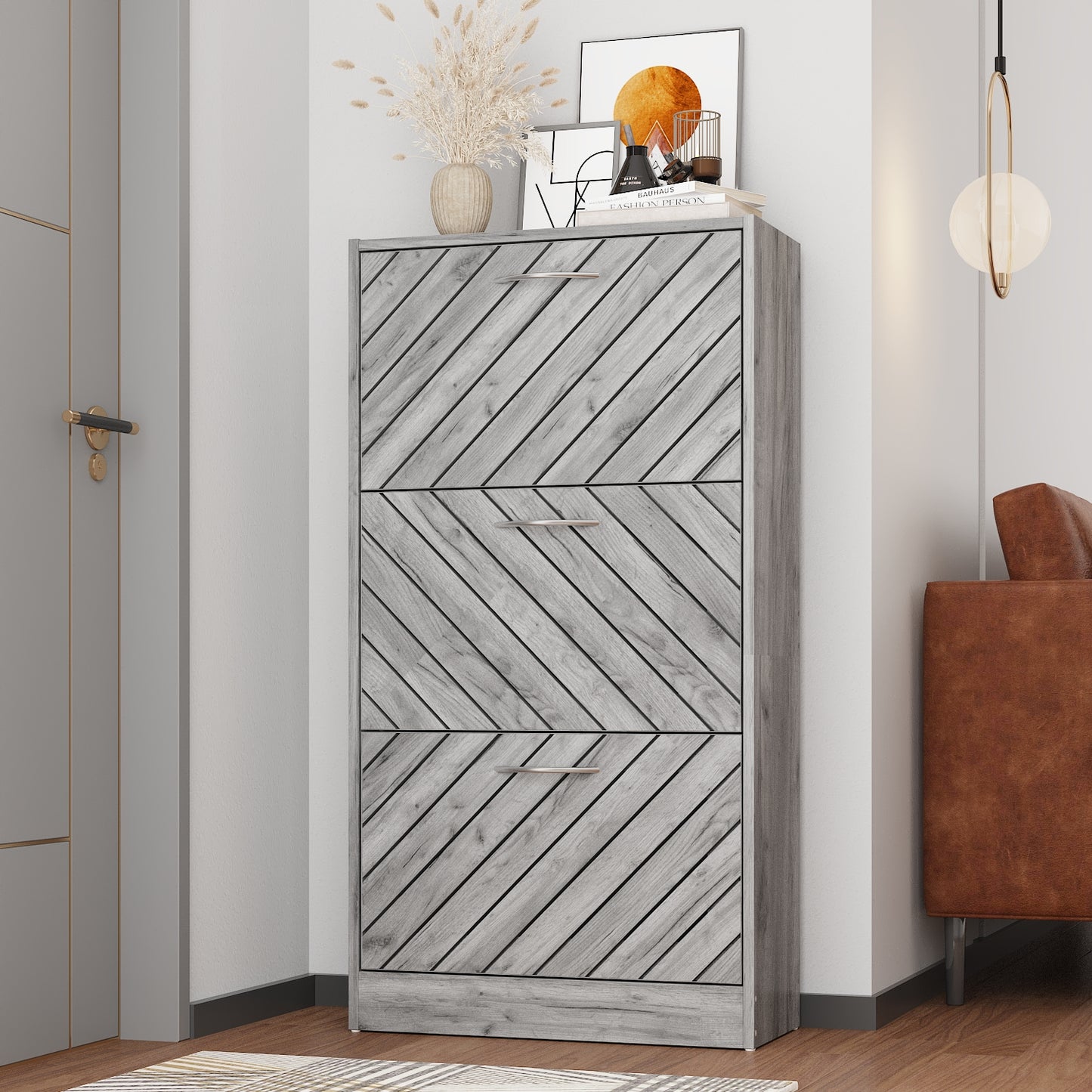 WIAWG Modern 3 Tier Shoe Cabinet Shoe Rack Free Standing Shoe Storage Cabinet Organizer Gray