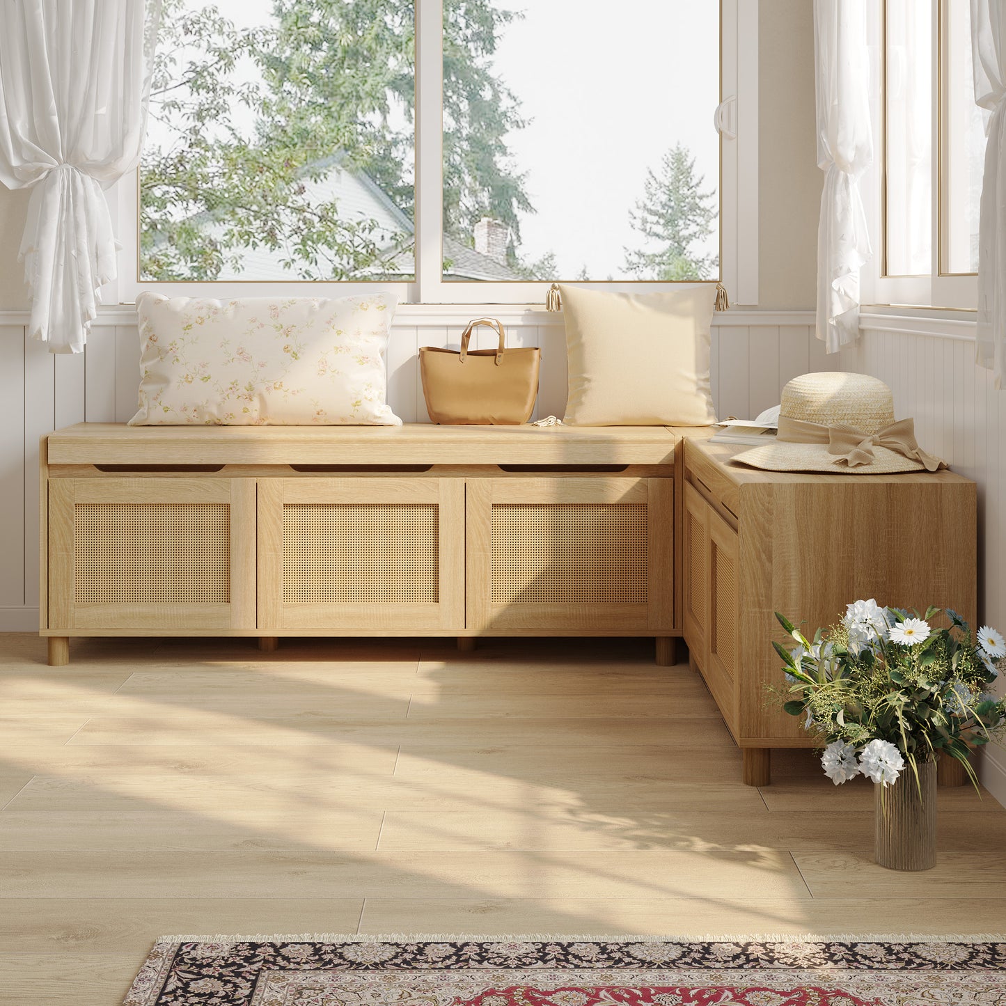 WIAWG L-Shape Storage Bench with Rattan Patterns & Solid Legs, Corner Shoe Bench with Hidden Storage Compartments, Backless Breakfast Dining Nook Bench for Kitchen, Entryway, Natural
