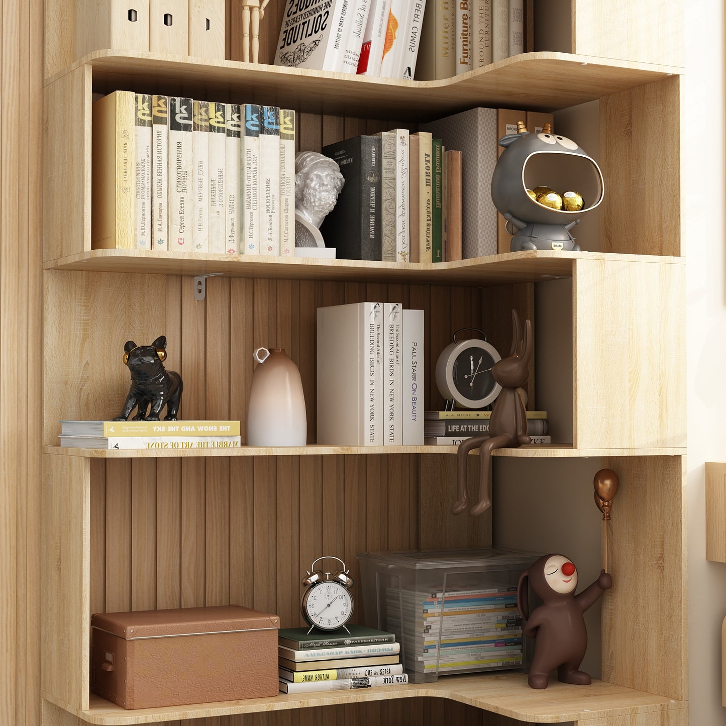 WIAWG 7-Tier Corner Bookcase Bookshelf, Modern Mid Century, Extra Tall, Natural Oak