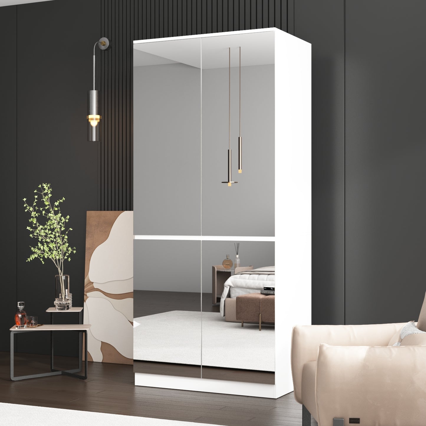 Wiawg Wardrobe Closet with 4-Mirrored Door, Armoire Closet Cabinet with Hanging Rod for Bedroom,White