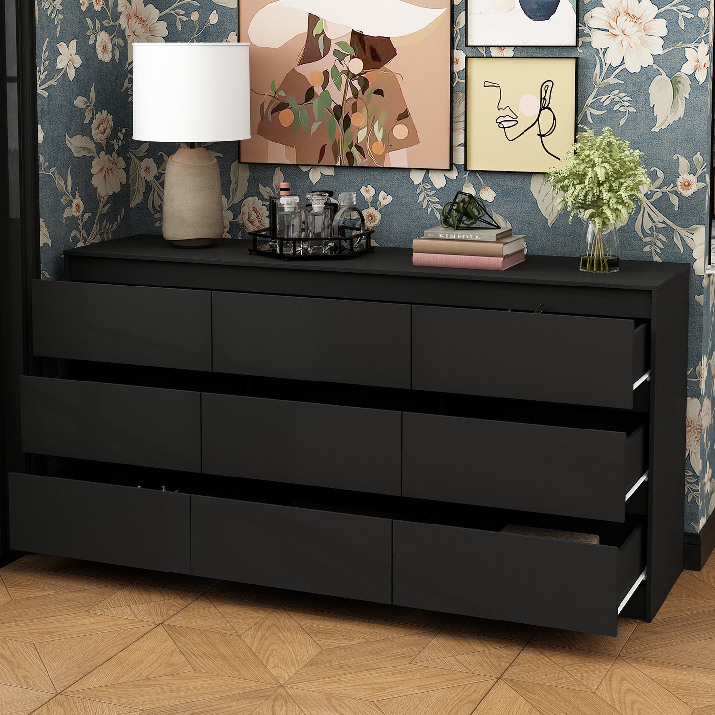 WIAWG 9 Drawer Dressers, Modern Large Dresser for Bedroom,Wooden Long Dresser Storage Chest of Drawers for Living Room Office,Black 63" W
