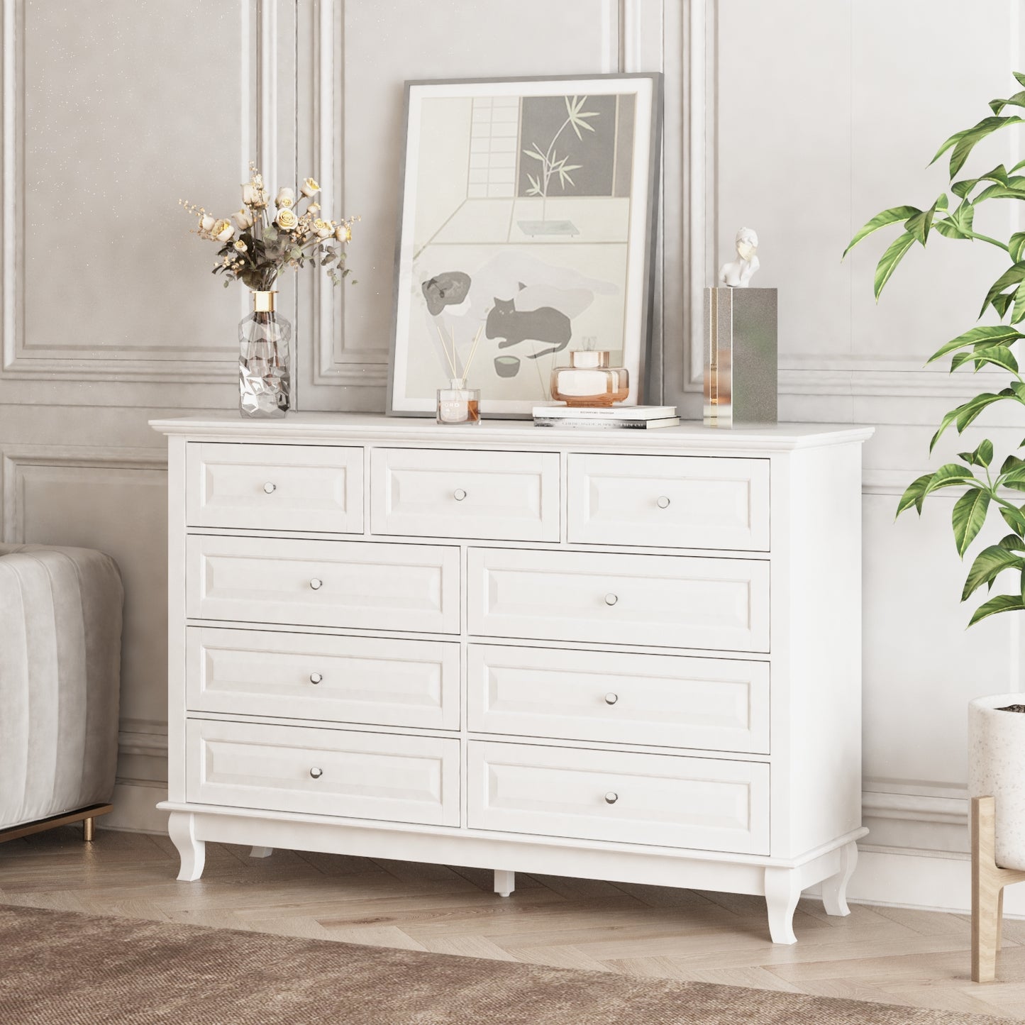 WIawg 9 Drawer Dresser with Carved Drawer Fronts & Solid Legs, 55.1" L White Modern Wood Storage Chest of Drawers for Bedroom, Living Room & Fitting Room