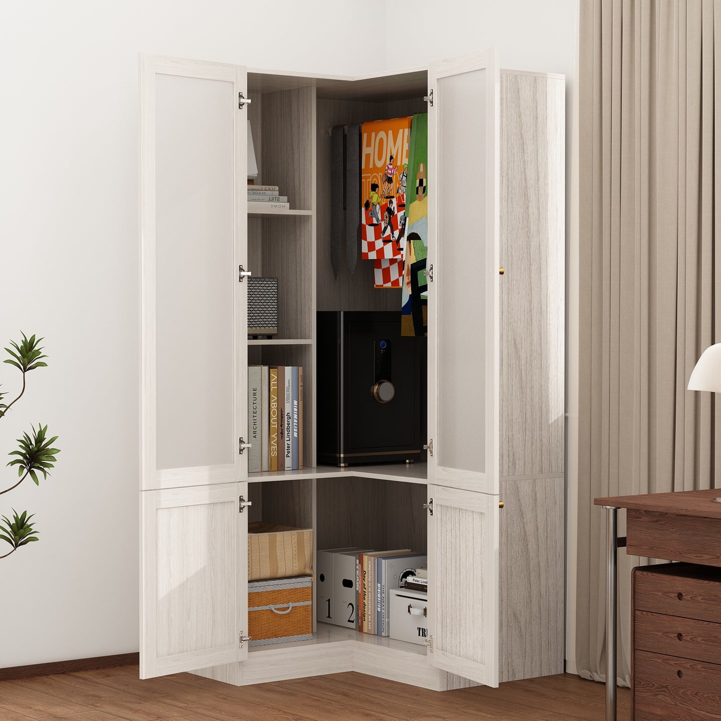 Wiawg L-Shape Wardrobe Armoire Closet with Hanging Rod & Shelf, Bedroom Armoire with Frosted Glass Doors,36”D x 36”W x 70.9”