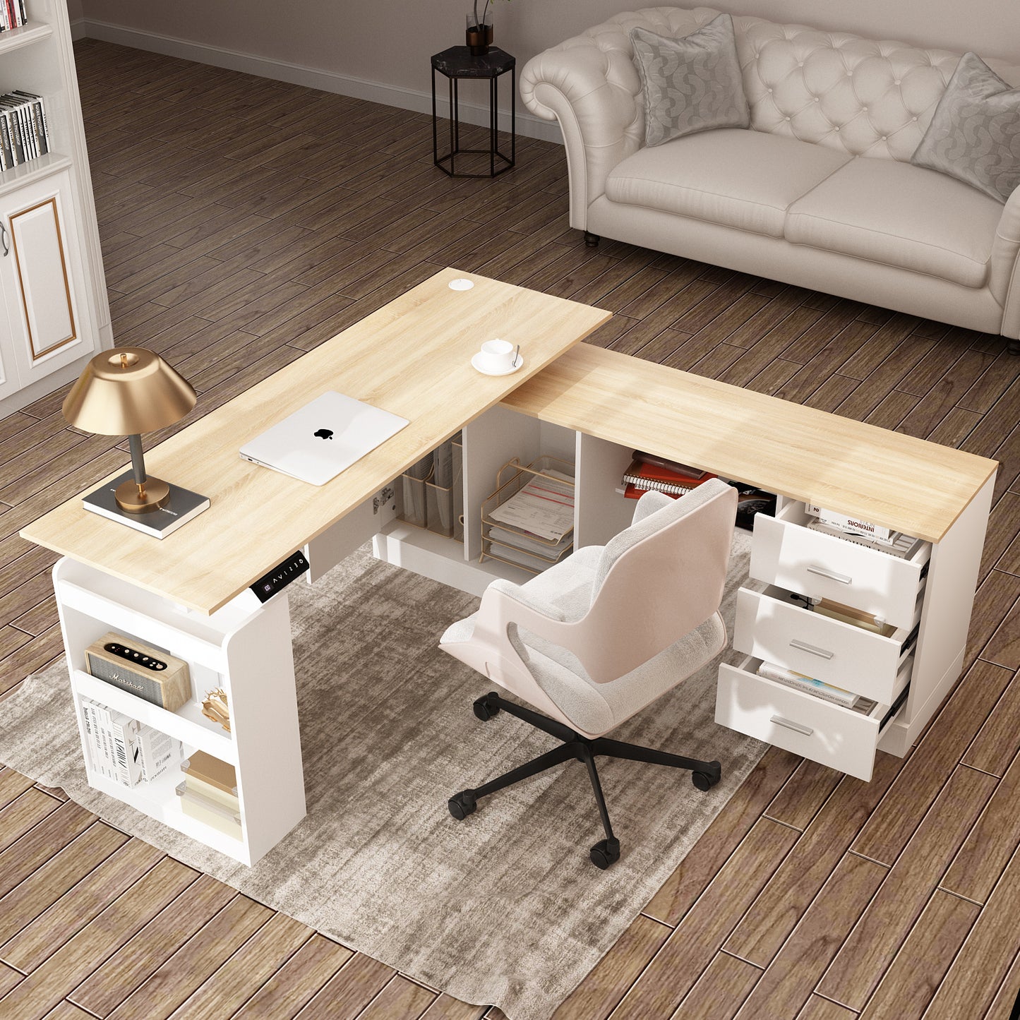 Wiawg 63" Electric Height Adjustable Standing Desk, , L Shaped Home Office Table,Oak&White