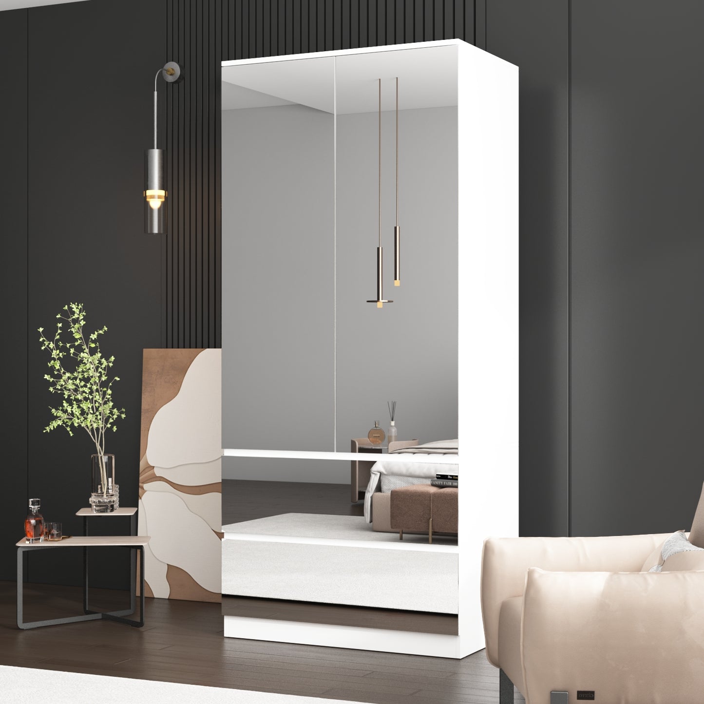 Wardrobe with Mirror Doors, White Bedroom Armoire with 2 Drawers, Hanging Rod, Mirrored Closet Modern Clothes Storage Cabinet for Guest Room Cloakroom, 31.5”W x 19.7”D x 70.9”H