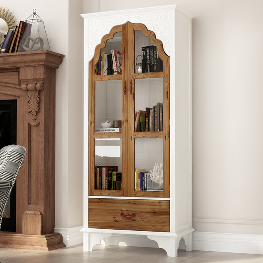 WIAWG Carved Storage Cabinet with 2 Glass Doors & Drawer, Pooja Mandir with 3-Tier Shelves, Decorative Cabinet Display Cabinets for Living Room White and Walnut,70.9”H