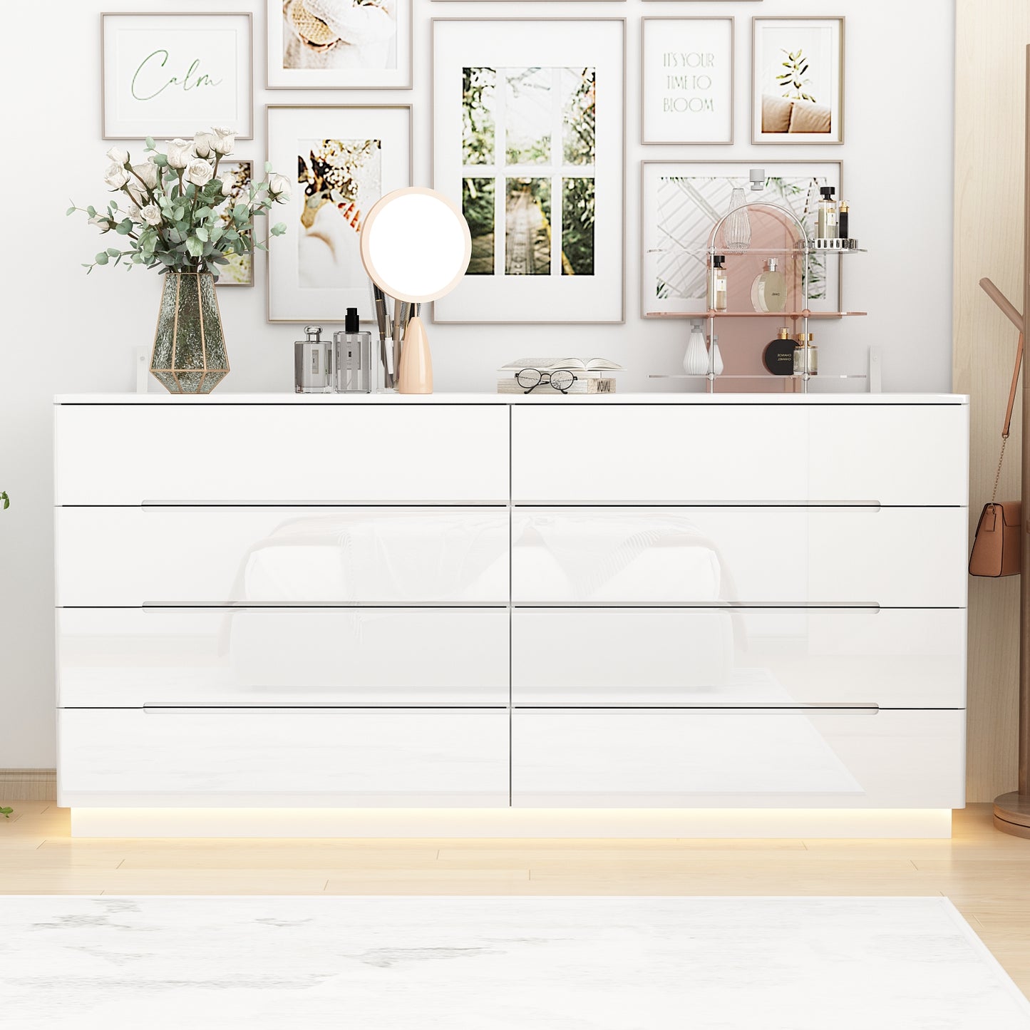 WIAWG High Gloss Dresser with Lights, Modern Glossy 8 Drawer Dresser with Curved Edge for Bedroom White