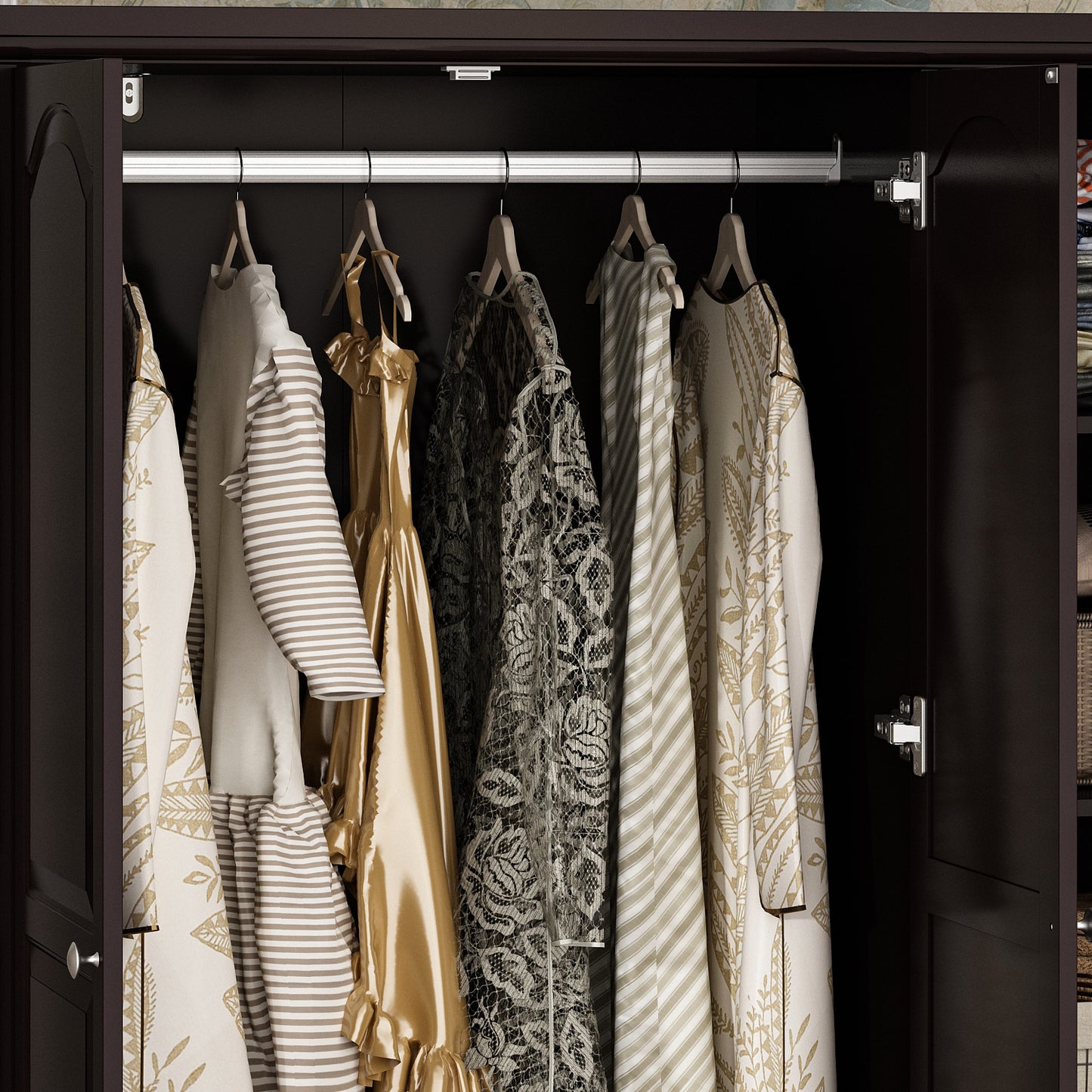 WIAWG 3-Door Wardrobe Armoire Closet with 5 Drawers and Hanging Rod plus Mirror, Brown