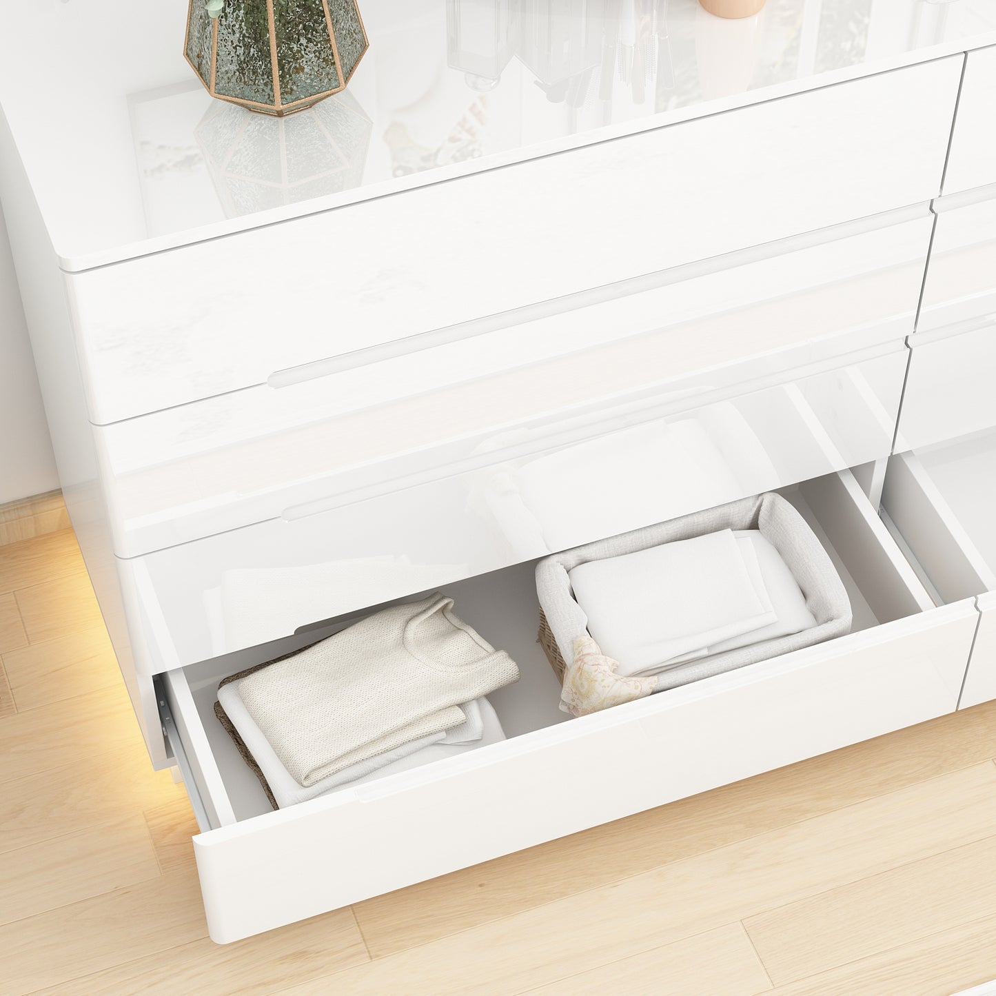 WIAWG High Gloss Dresser with Lights, Modern Glossy 8 Drawer Dresser with Curved Edge for Bedroom White