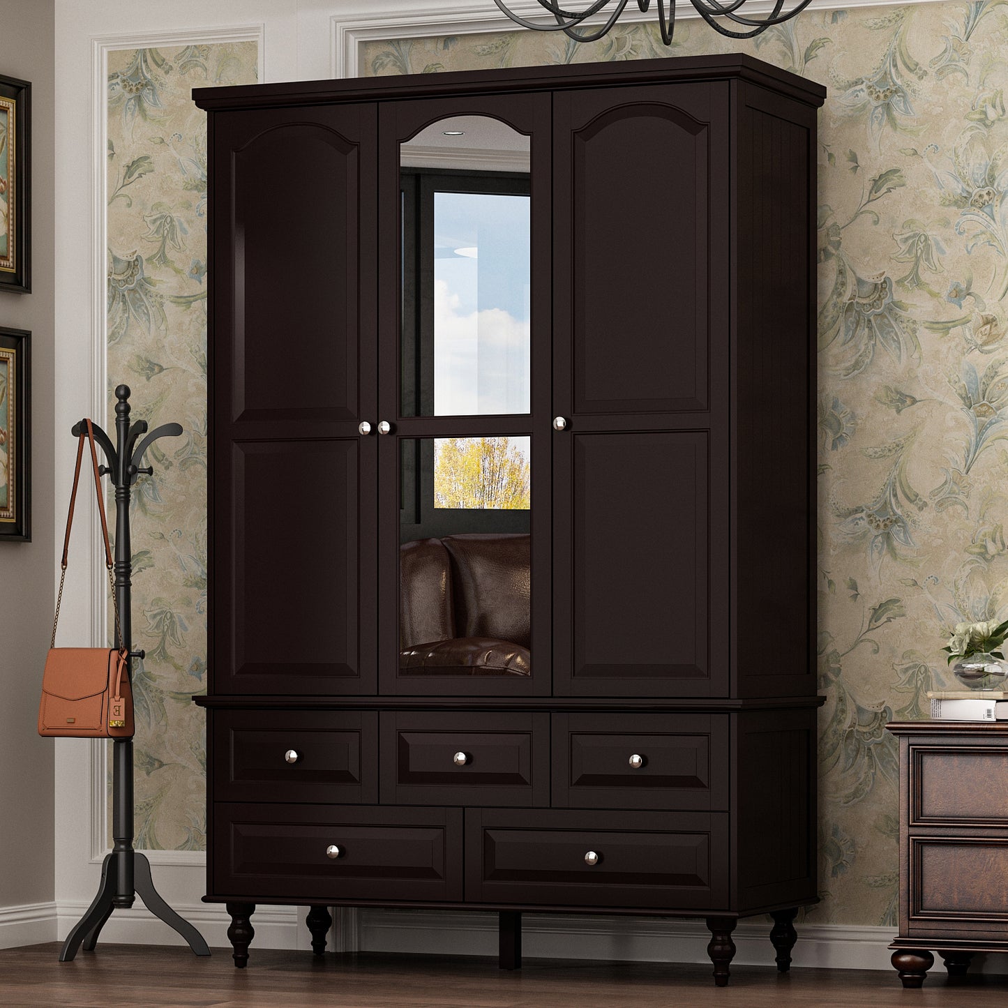 WIAWG 3-Door Wardrobe Armoire Closet with 5 Drawers and Hanging Rod plus Mirror, Brown