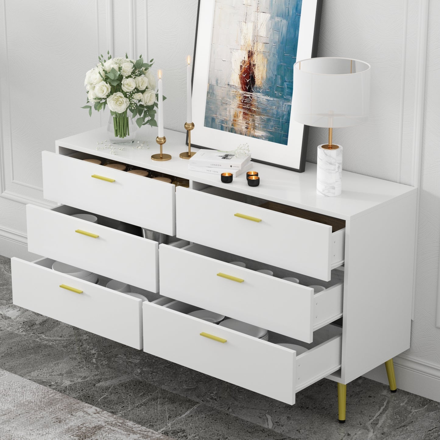 WIAWG Modern 6 Drawer Wooden Dresser Chest for Living Room/Bedroom Sideboard Cabinet White