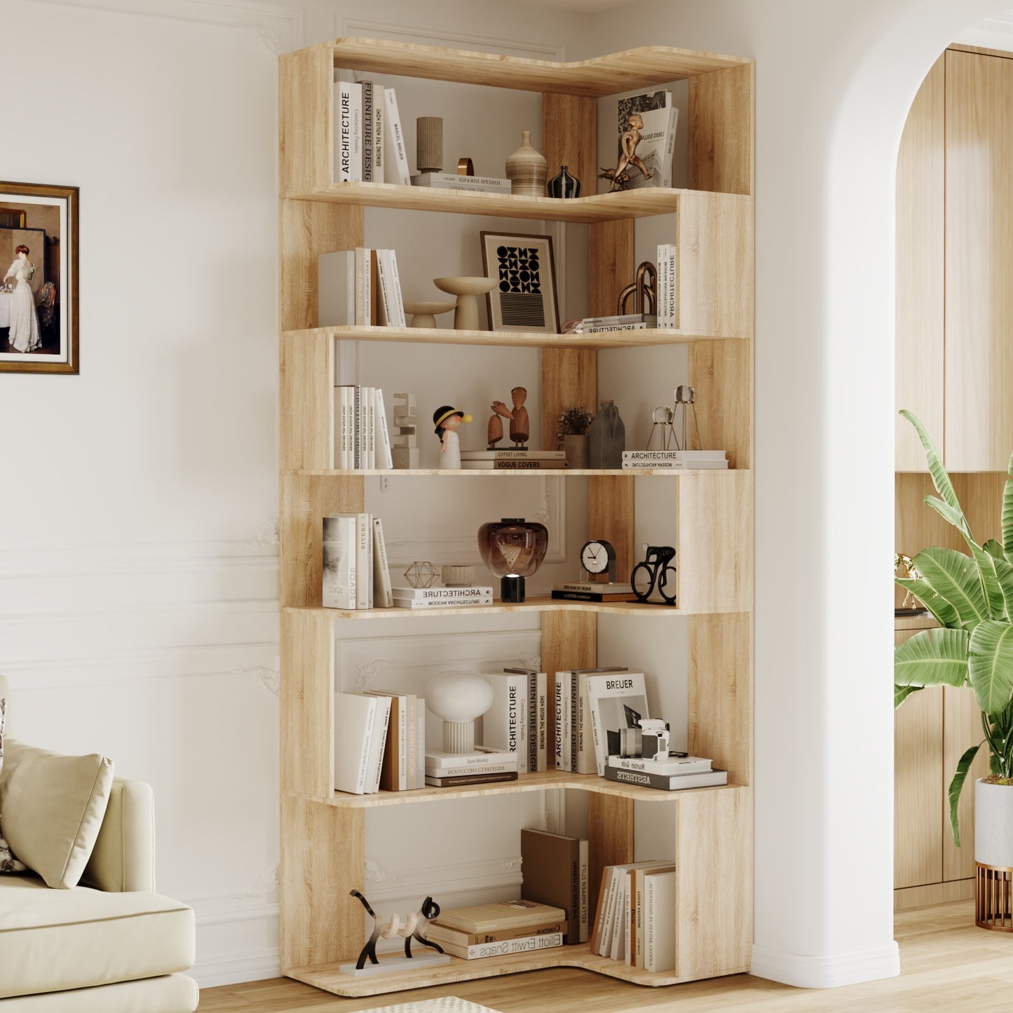 WIAWG 7-Tier Corner Bookcase Bookshelf, Modern Mid Century, Extra Tall, Natural Oak