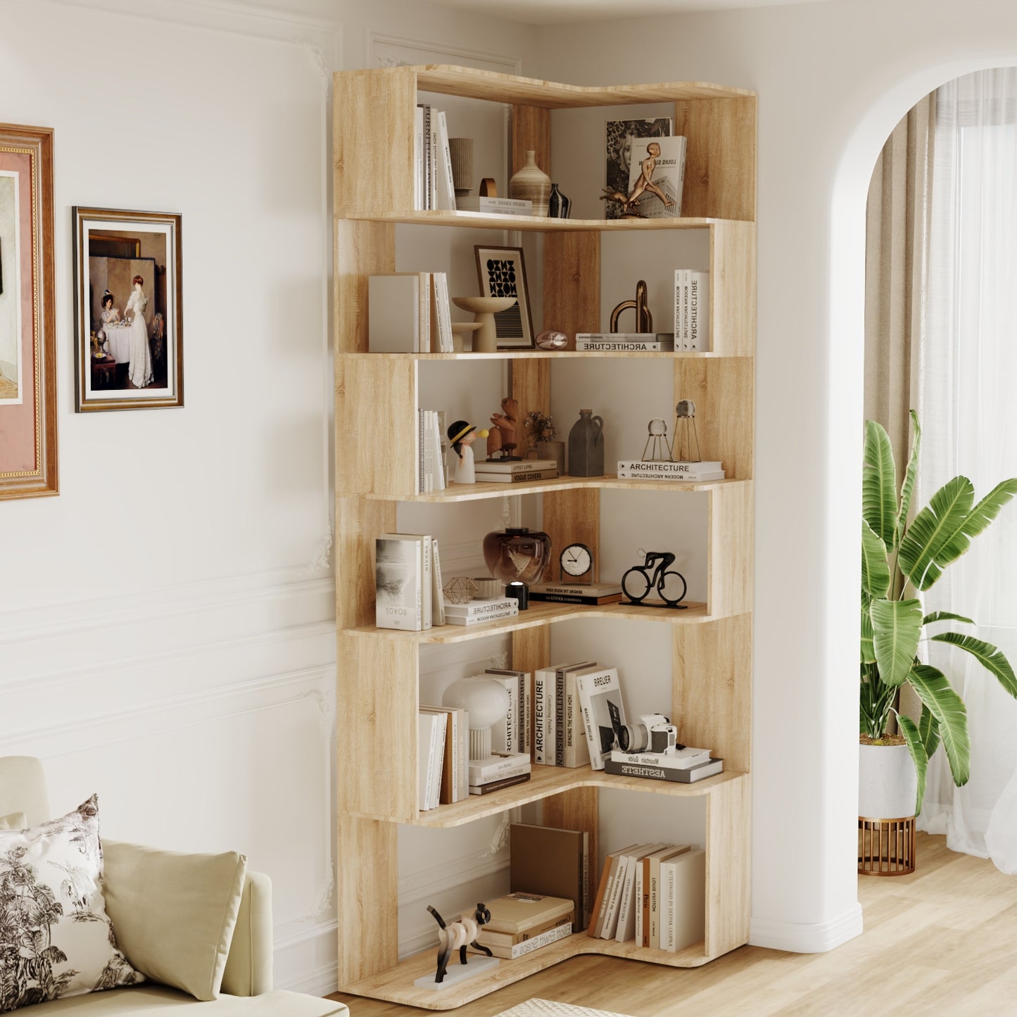 WIAWG 7-Tier Corner Bookcase Bookshelf, Modern Mid Century, Extra Tall, Natural Oak